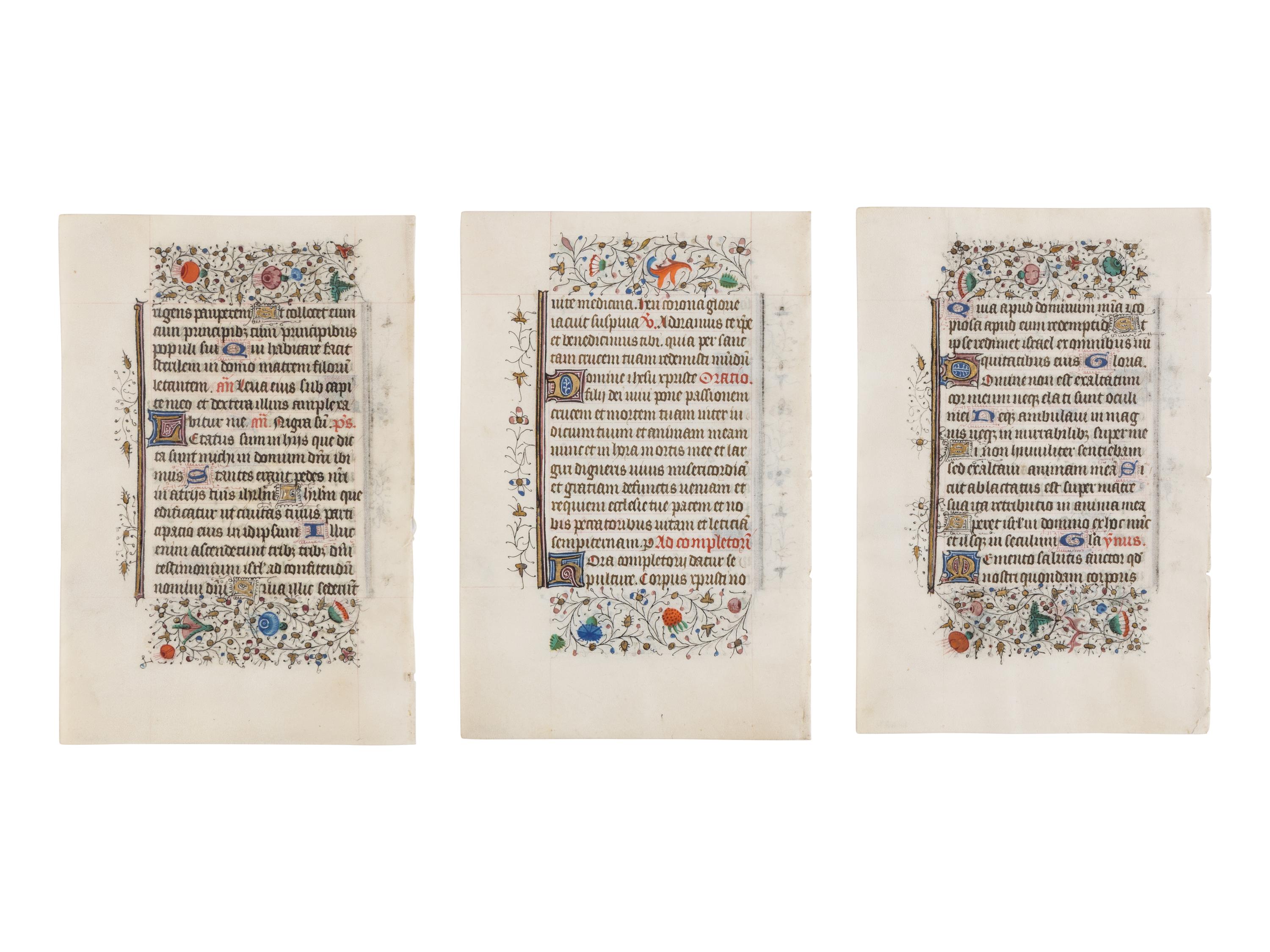 BRUGES WORKSHOP Three leaves from a Book of Hours, Use of Rome, in Latin, illuminated manuscript on parchment [Southern Netherlands, Bruges, c. 1460]