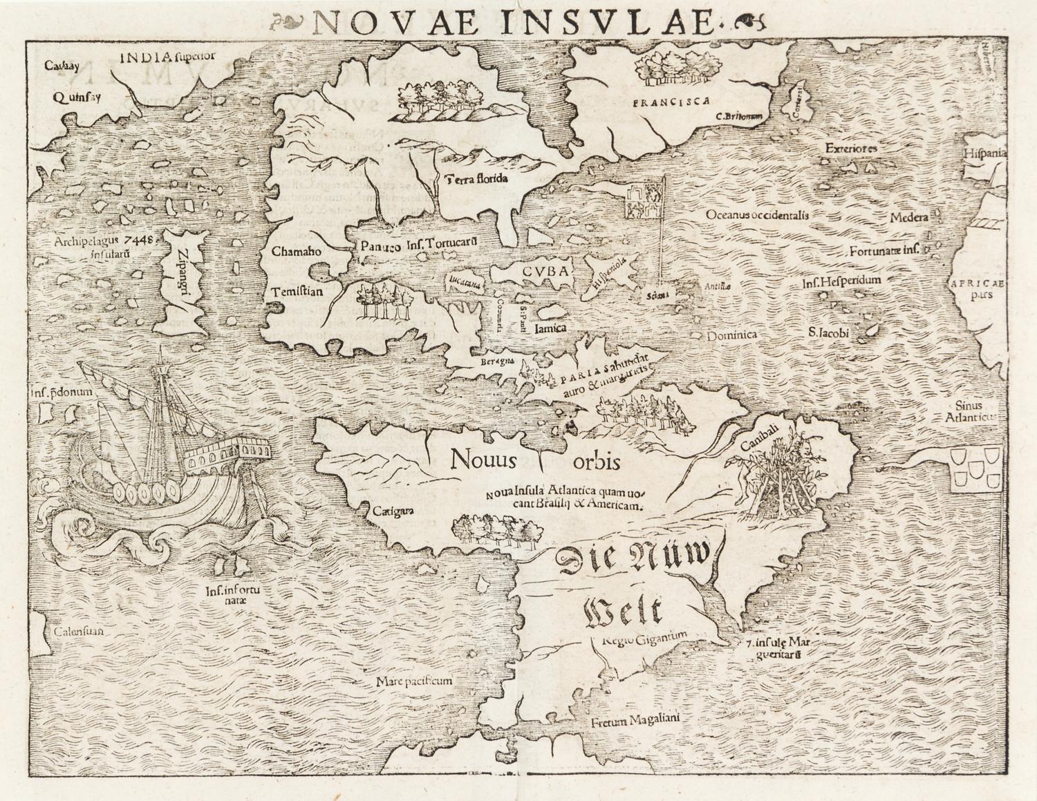(MAP) MUNSTER, SEBASTIAN. Novae Insulae. [Basel, 1572] Woodcut engraved map. First printed map of the American continents.