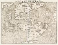 (MAP) MUNSTER, SEBASTIAN. Novae Insulae. [Basel, 1572] Woodcut engraved map. First printed map of the American continents.