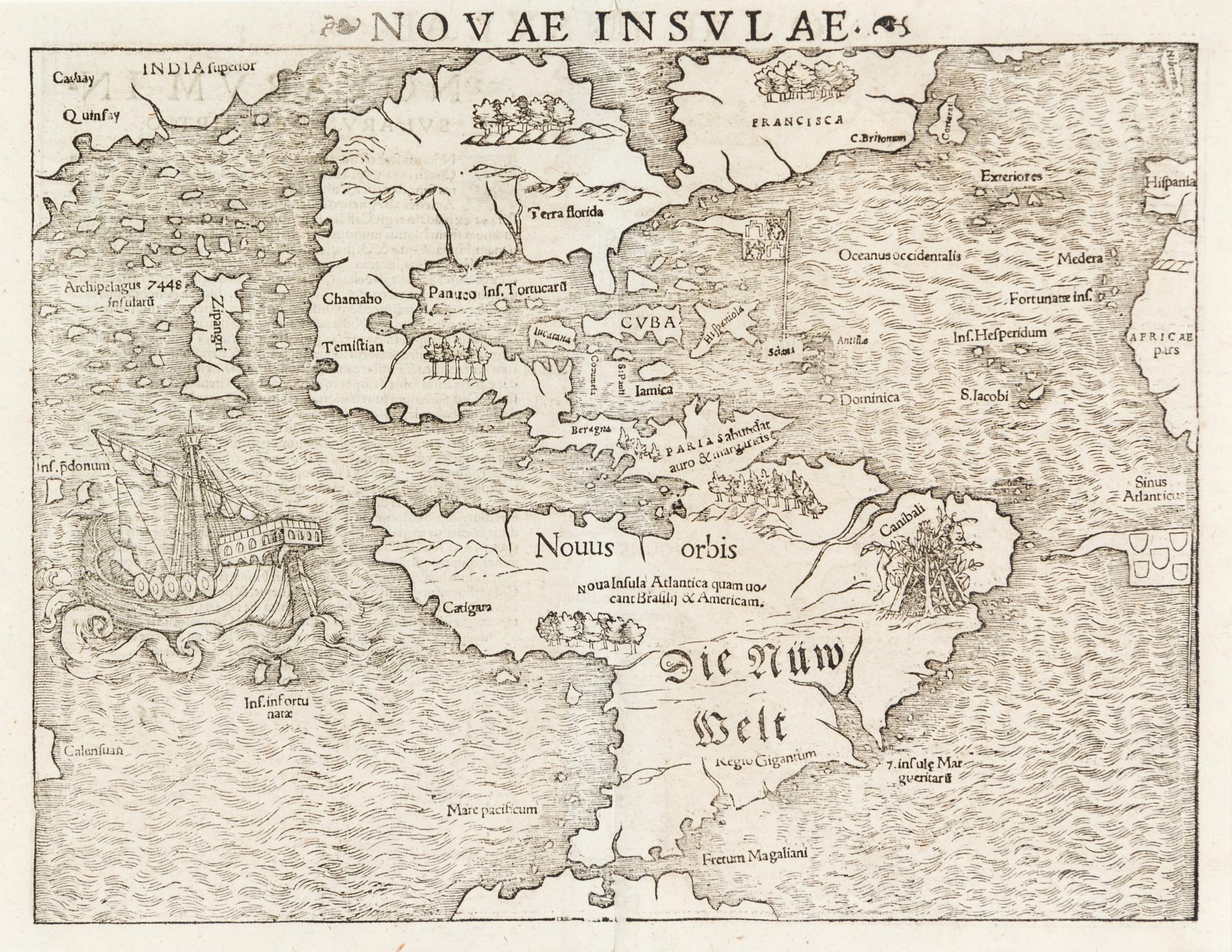 (MAP) MUNSTER, SEBASTIAN. Novae Insulae. [Basel, 1572] Woodcut engraved map. First printed map of the American continents.