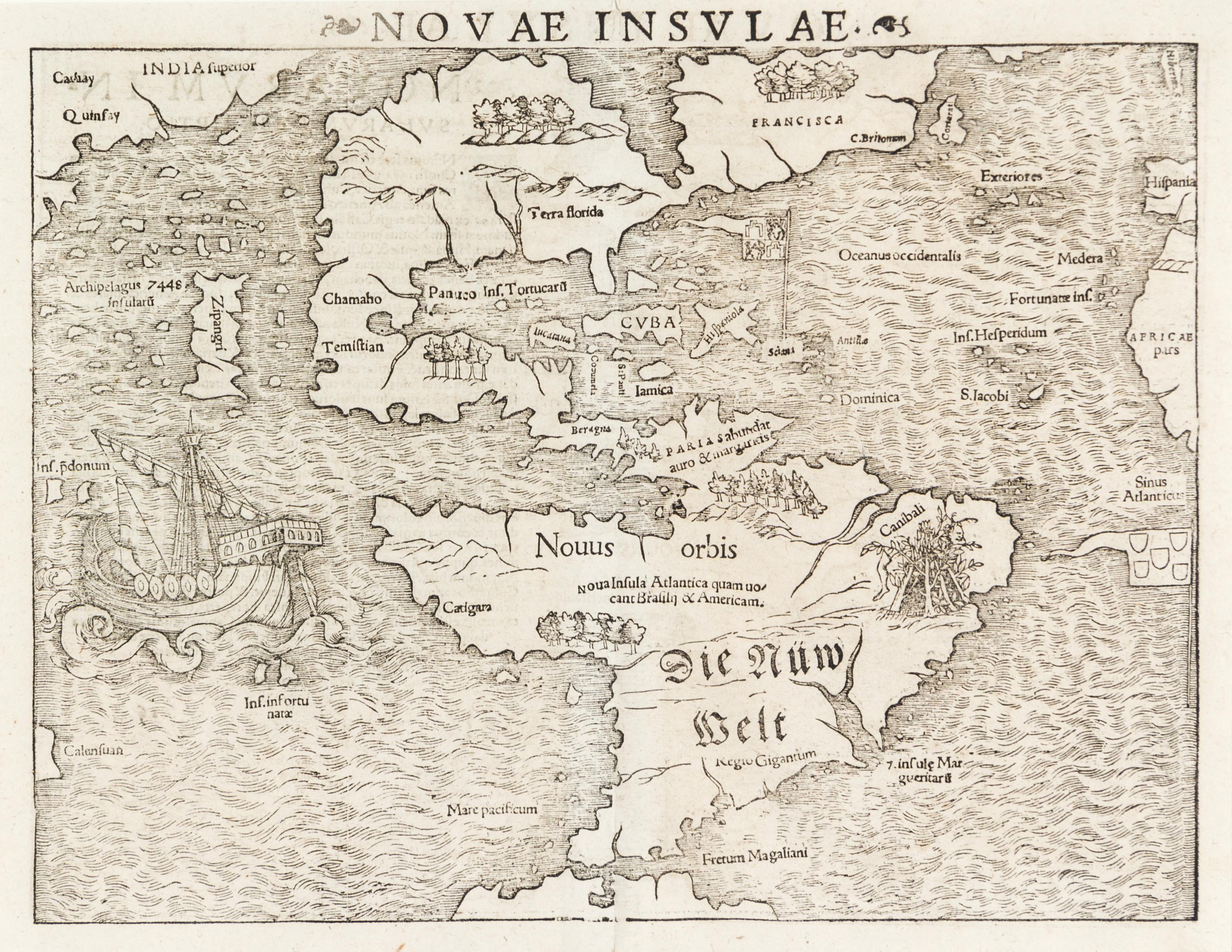(MAP) MUNSTER, SEBASTIAN. Novae Insulae. [Basel, 1572] Woodcut engraved map. First printed map of the American continents.