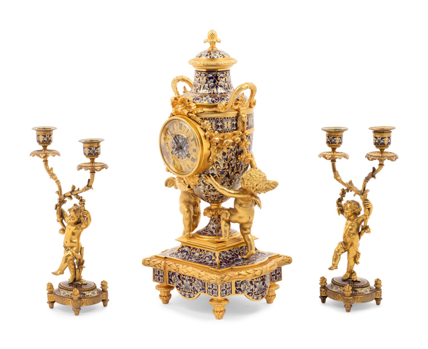 A French Gilt Bronze and Champlevé Clock Garniture Retailed by Tiffany & Co.