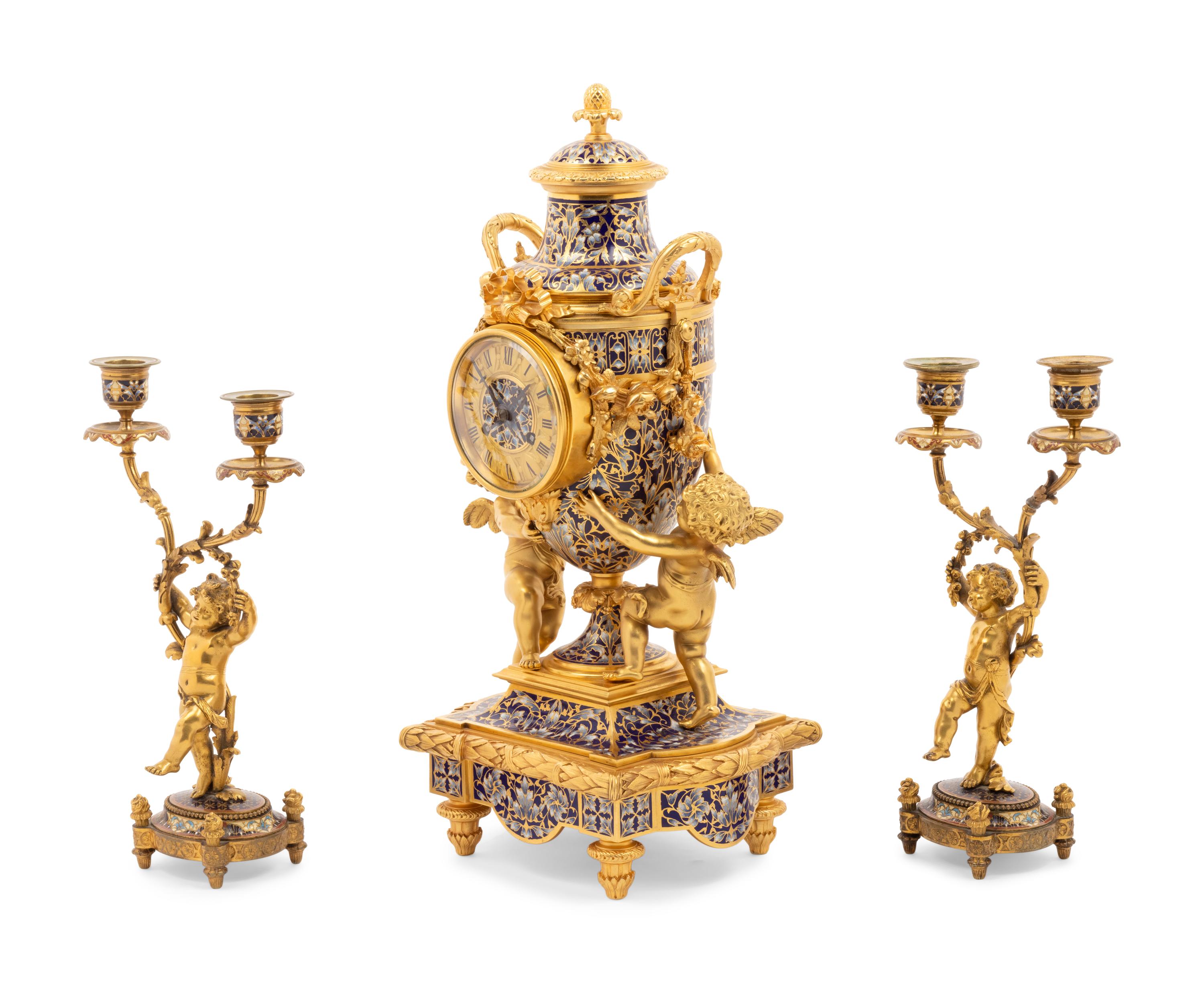 A French Gilt Bronze and Champlevé Clock Garniture Retailed by Tiffany & Co.