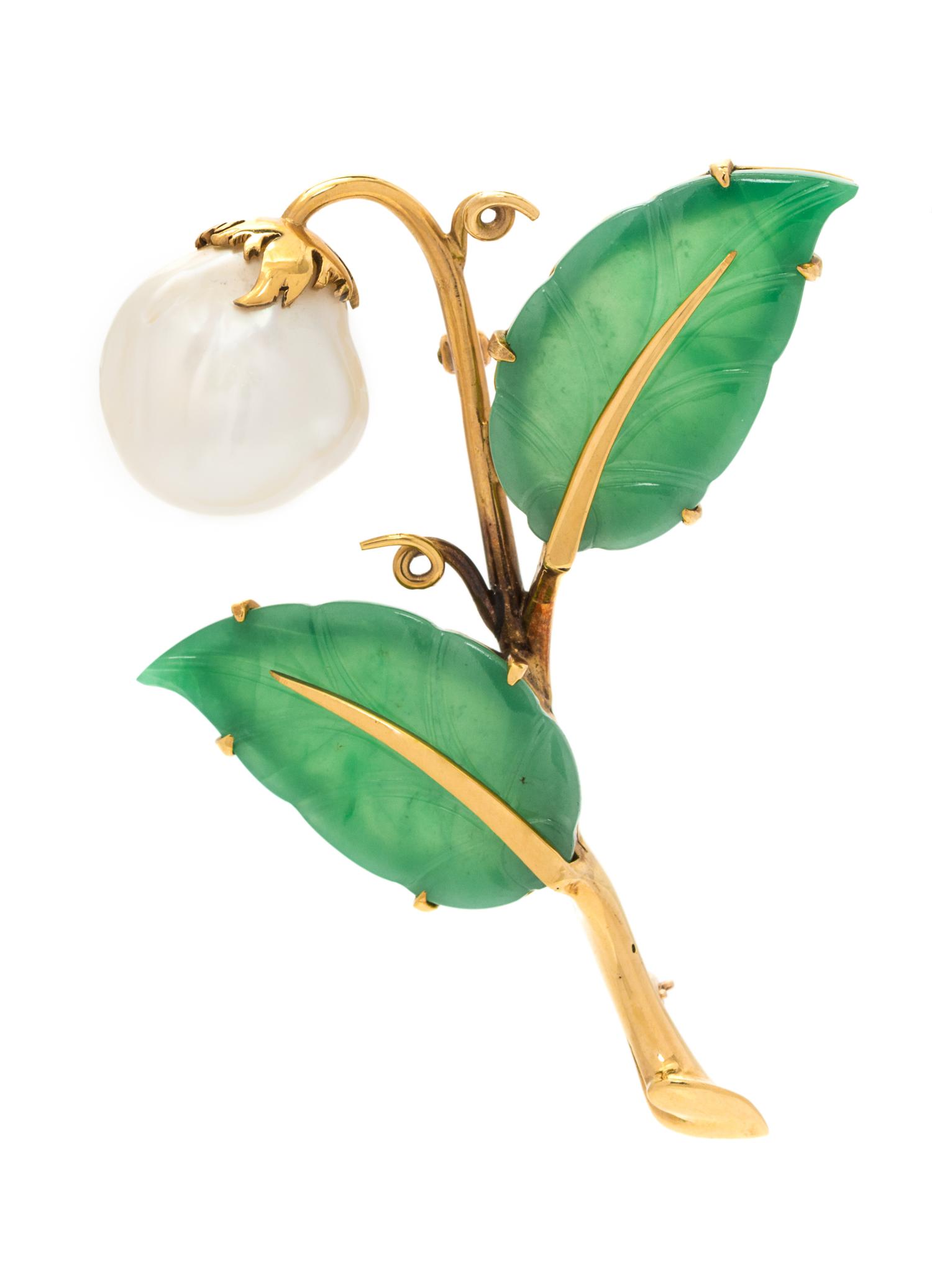 A Yellow Gold, Jade and Cultured Pearl Lily-of-the-Valley Brooch, Gump's, 11.20 dwts.