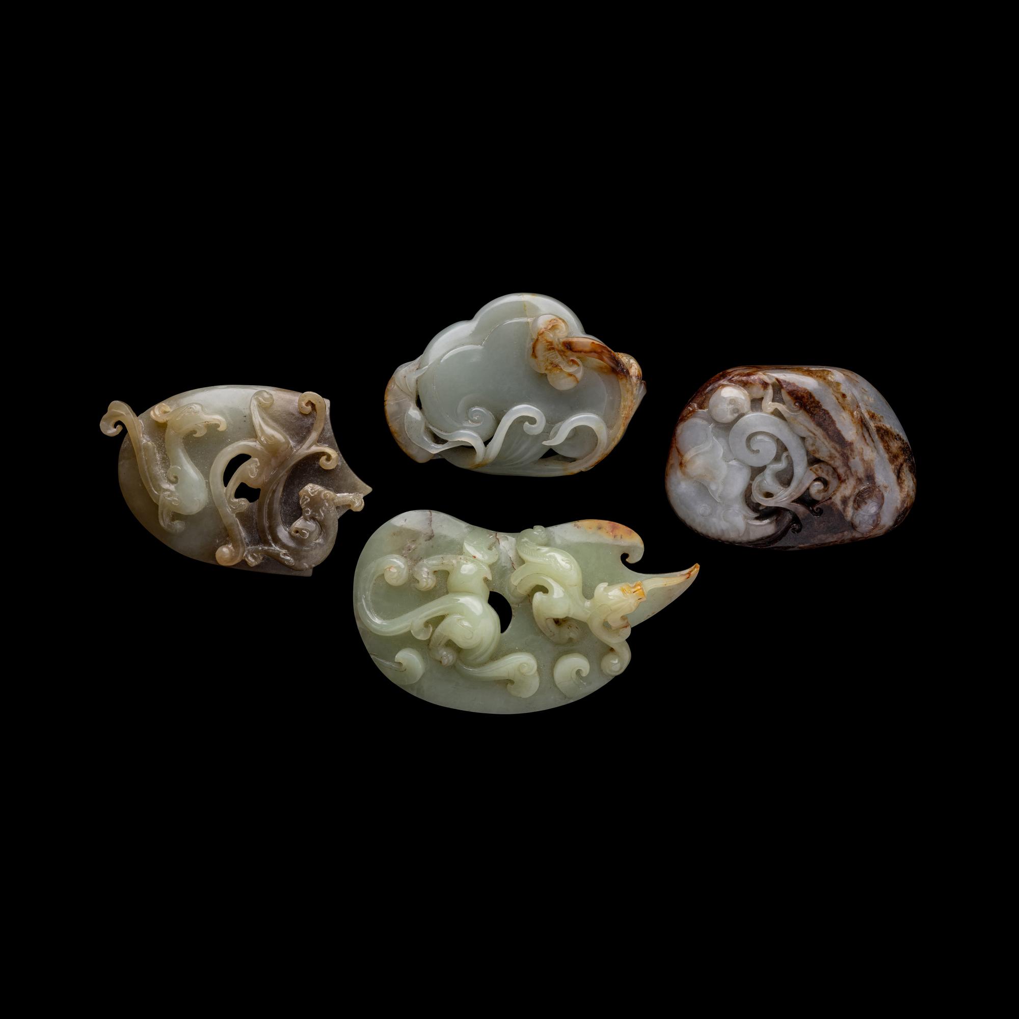 Four Chinese Celadon Jade Carvings, Late 20th Century 近代 玉把件四枚