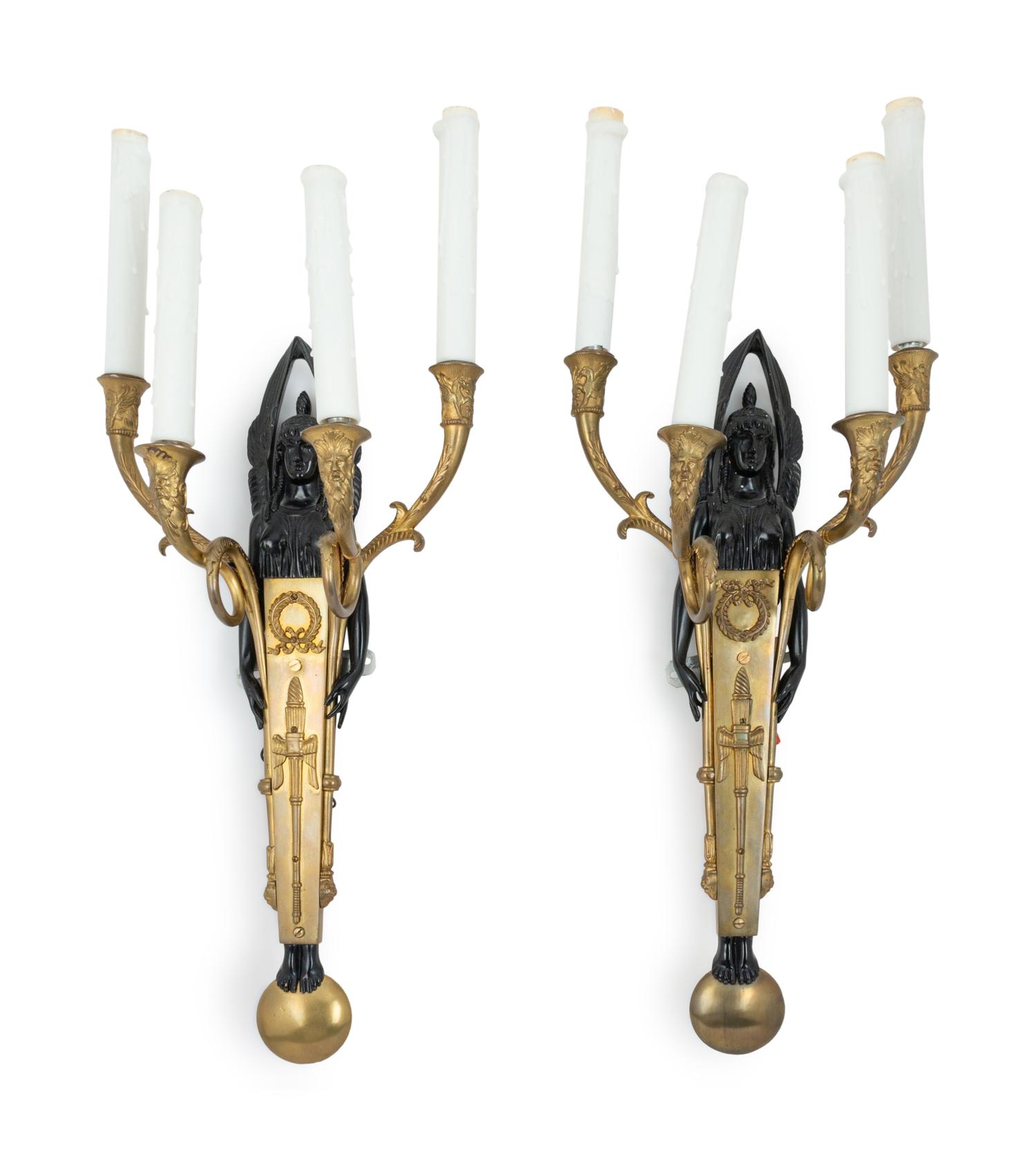 A Pair of Empire Style Gilt and Patinated Bronze Four-Light Sconces