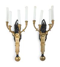 A Pair of Empire Style Gilt and Patinated Bronze Four-Light Sconces