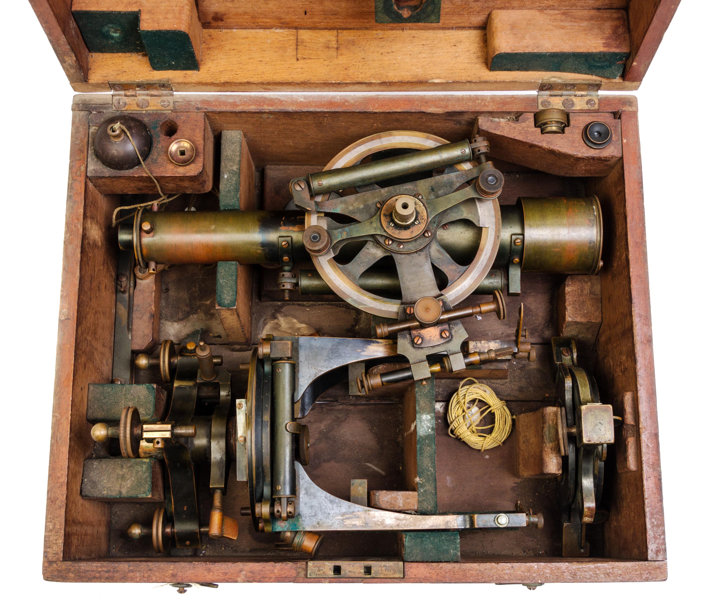 An English Brass Transit Theodolite Length of scope 14 inches. — TROUGHTON & SIMMS, LONDON, RETAILED BY GEORGE FINDLAY & CO. LTD., CAPE TOWN, 19TH CENTURY