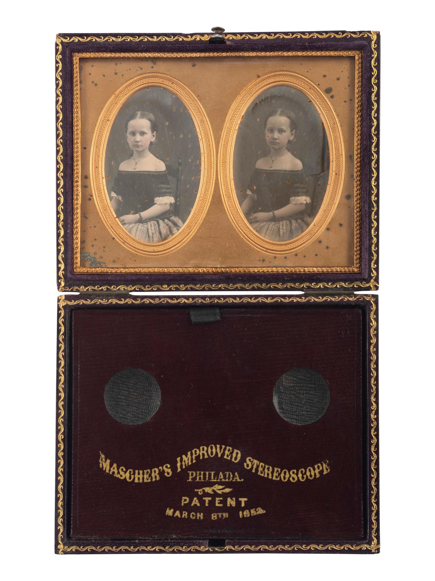 [HISTORIC PHOTOGRAPHY - PORTRAITURE]. A stereodaguerreotype of a young girl housed in a Mascher case.