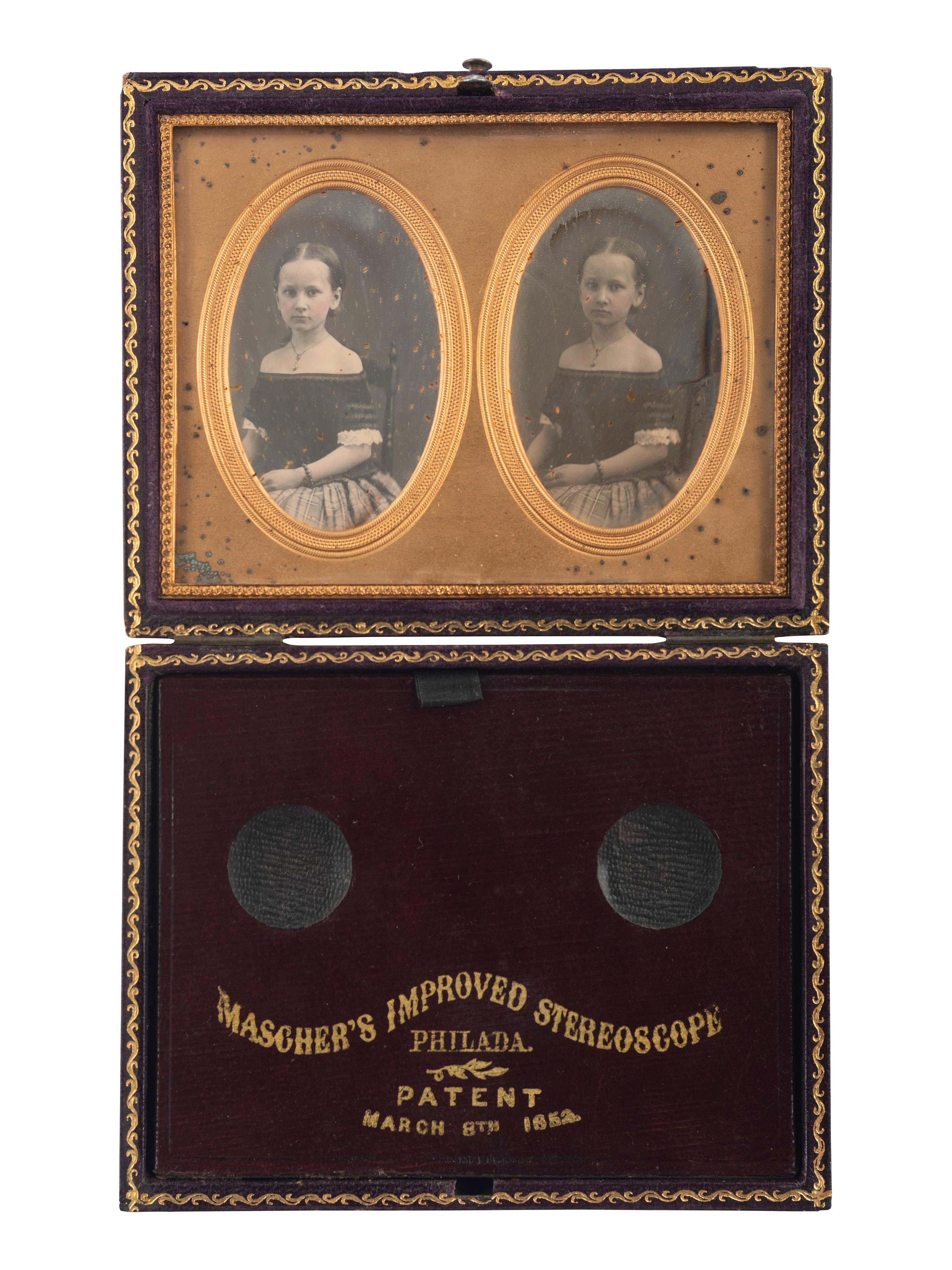 [HISTORIC PHOTOGRAPHY - PORTRAITURE]. A stereodaguerreotype of a young girl housed in a Mascher case.