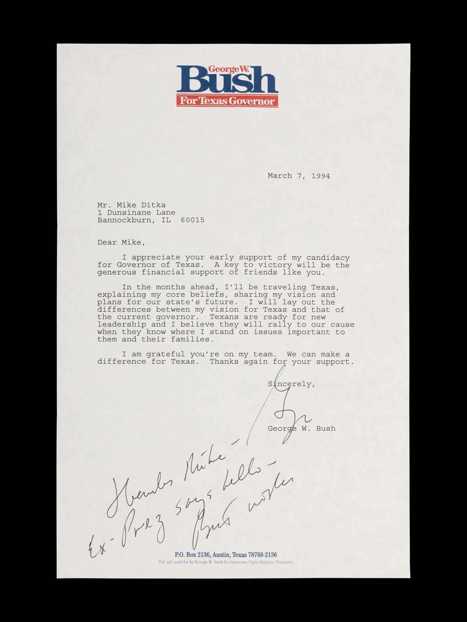 A George W. Bush Signed Letter to Mike Dikta