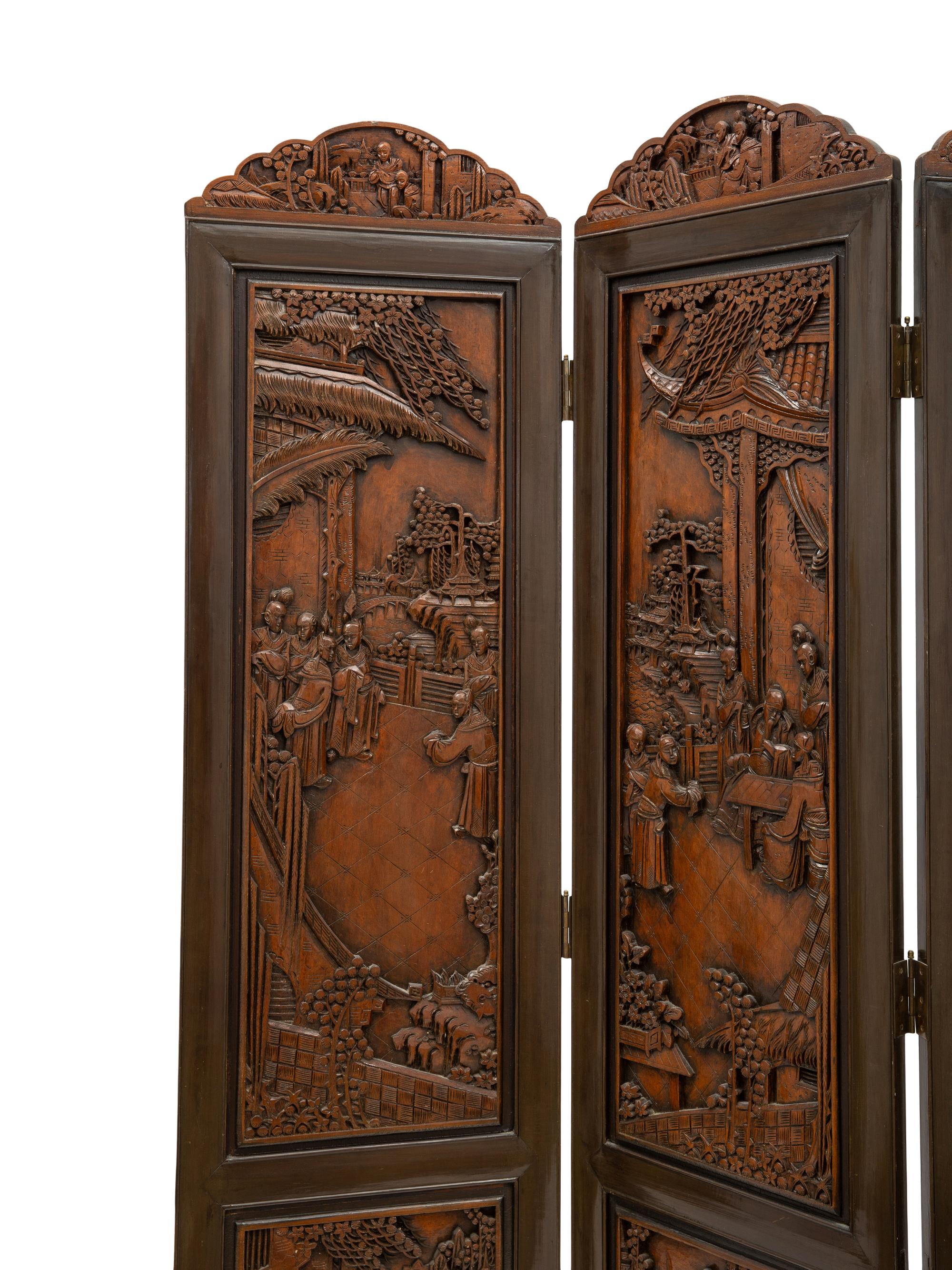 A Chinese Export Carved Hardwood and Painted Four-Panel Floor Screen