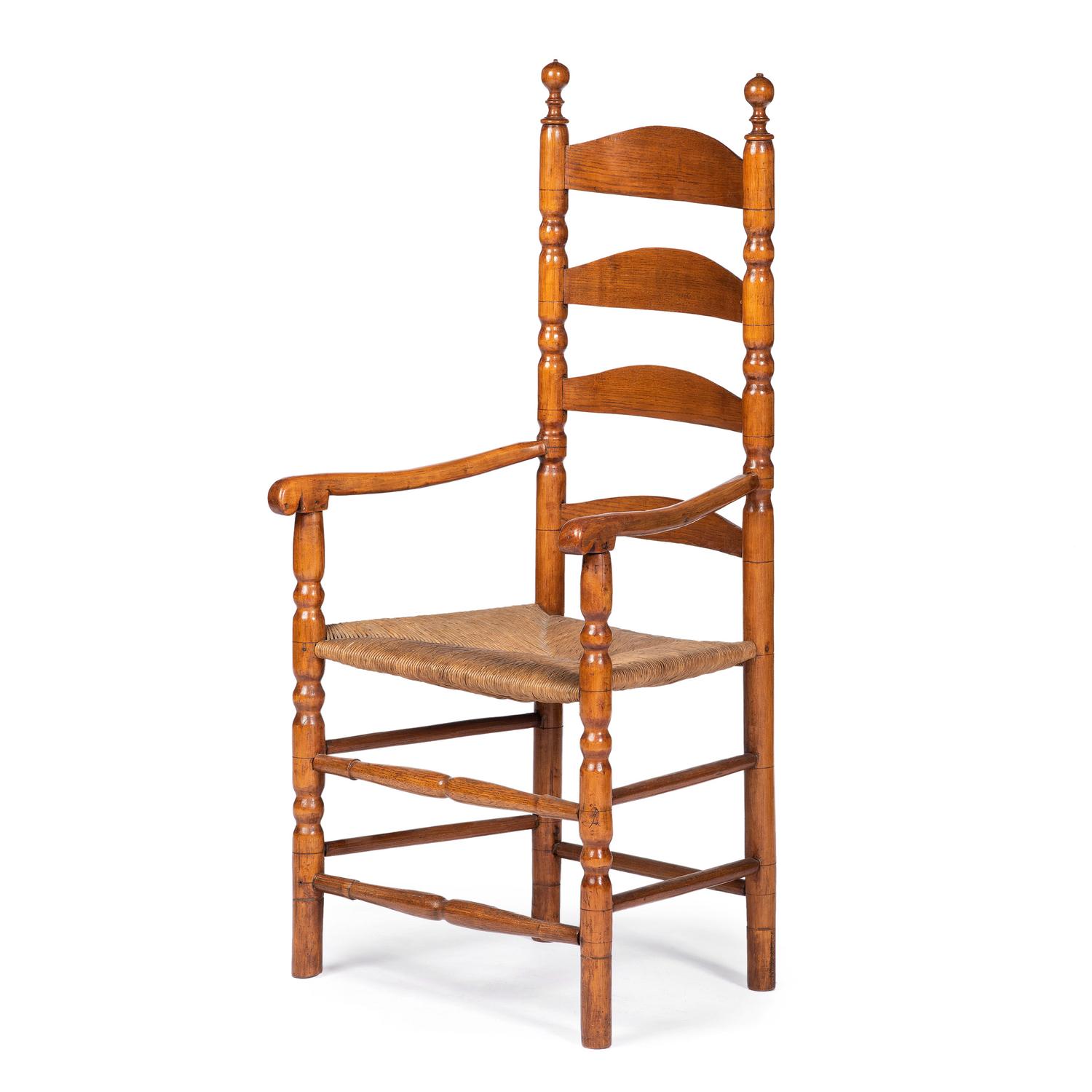 A William and Mary Style Turned Maple Ladder-Back Rush Seat Armchair