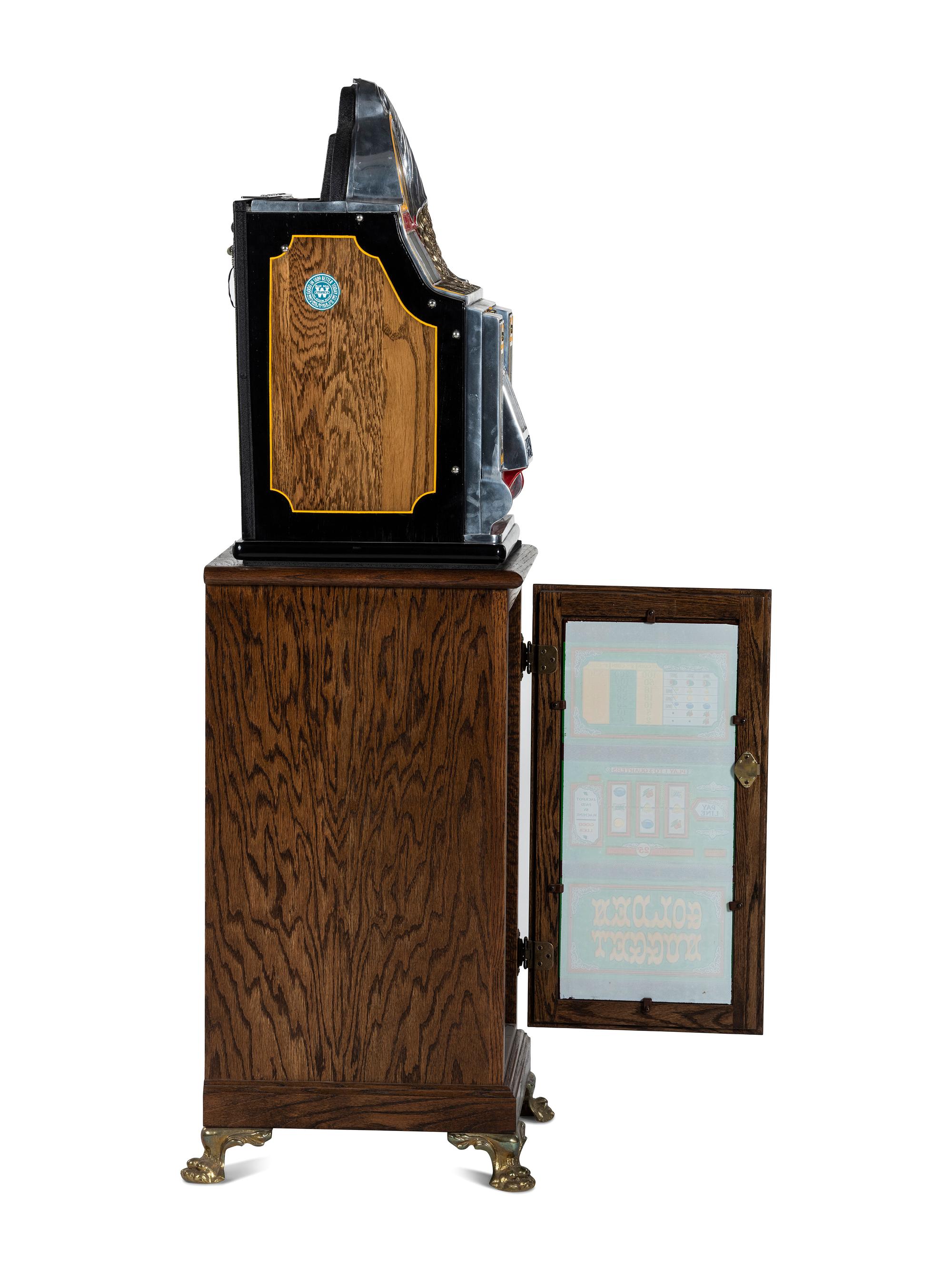 A 5 Cent Rol-A-Top Twin Jackpot Slot Machine on Reverse Printed Glass Inset Golden Nugget Stand