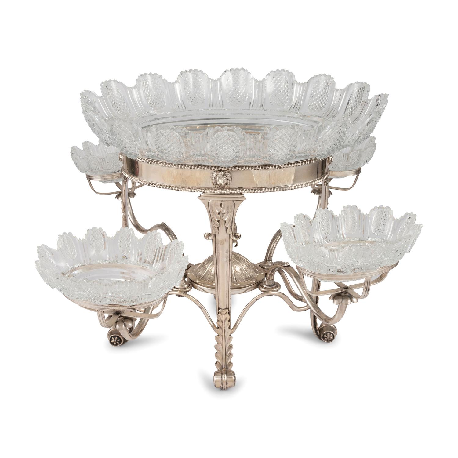 A Sheffield Plate Epergne with Cut Glass Bowls