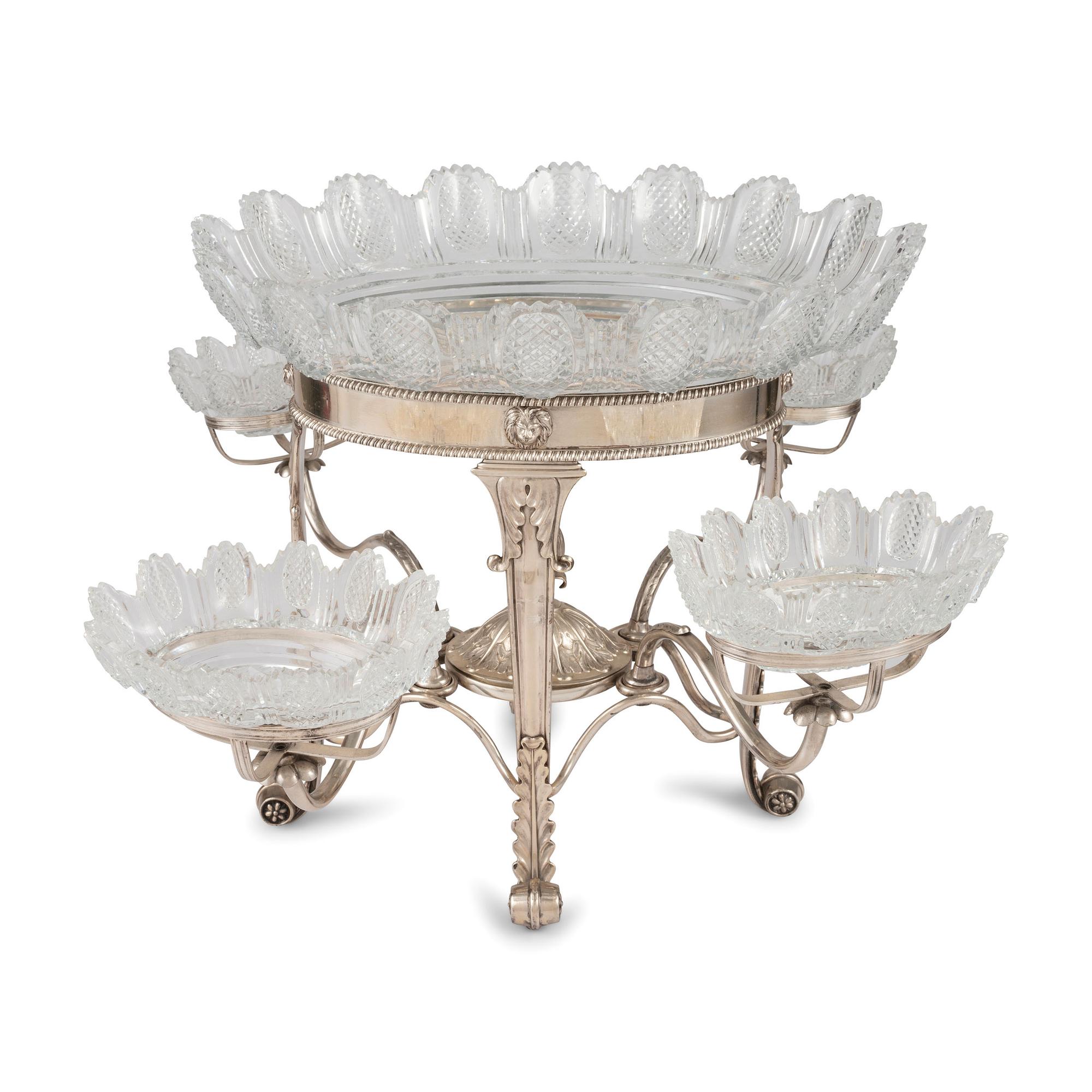 A Sheffield Plate Epergne with Cut Glass Bowls