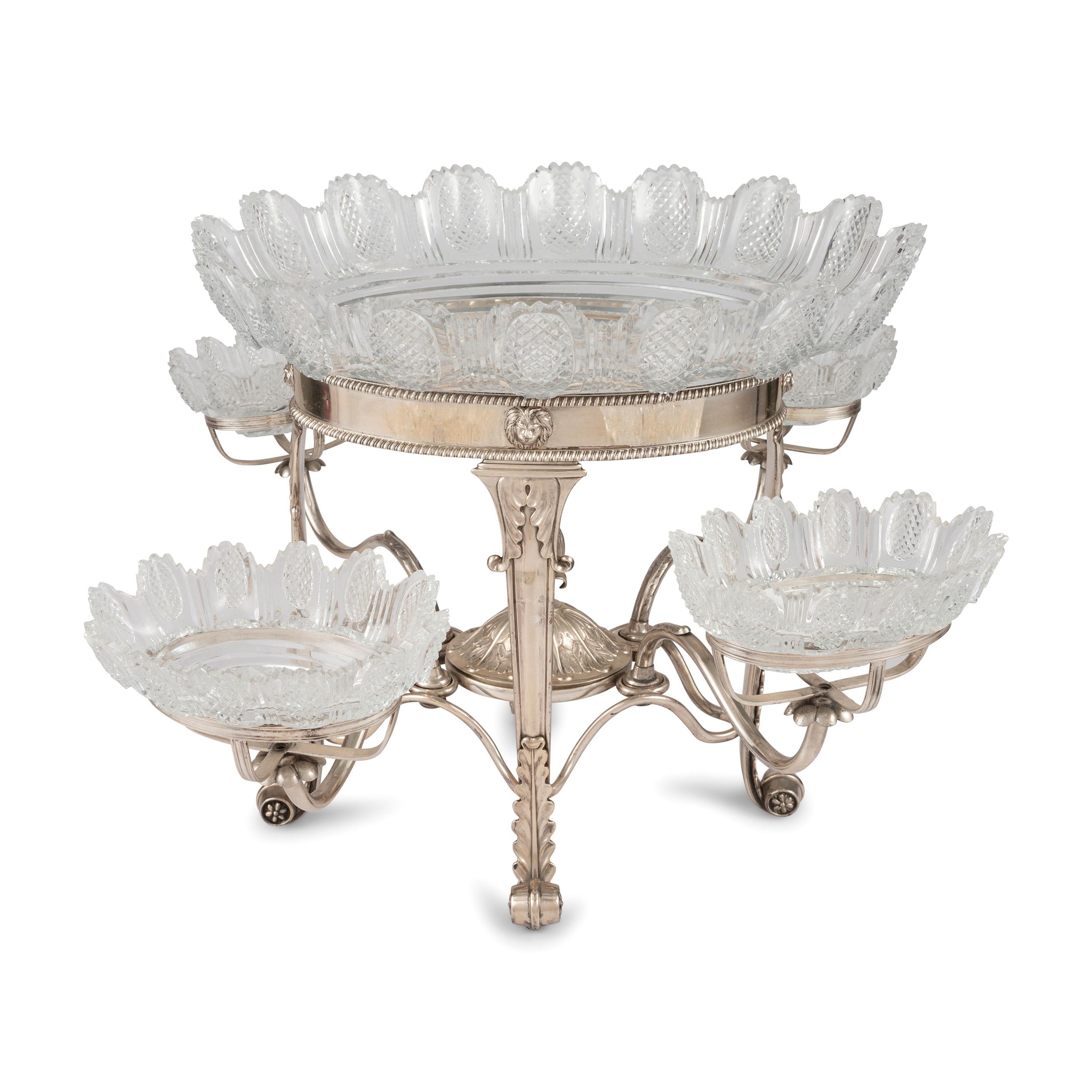 A Sheffield Plate Epergne with Cut Glass Bowls