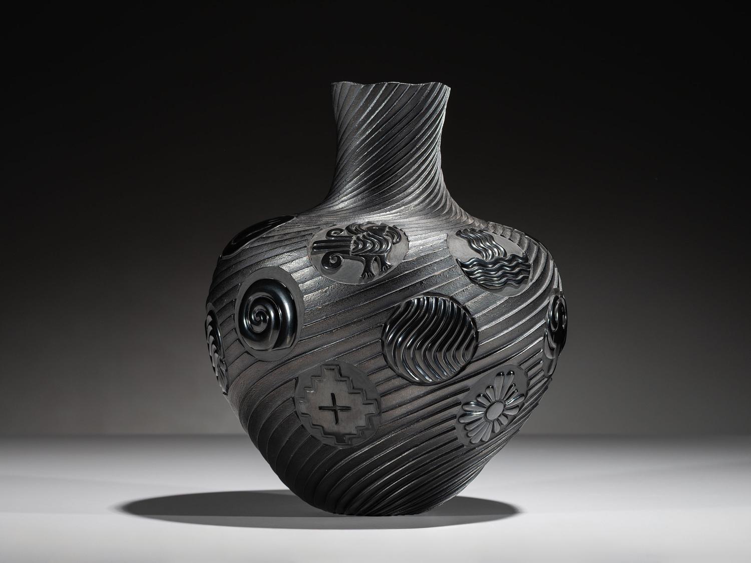 Micaceous Blackware Swirling Pottery Jar, Collaboration