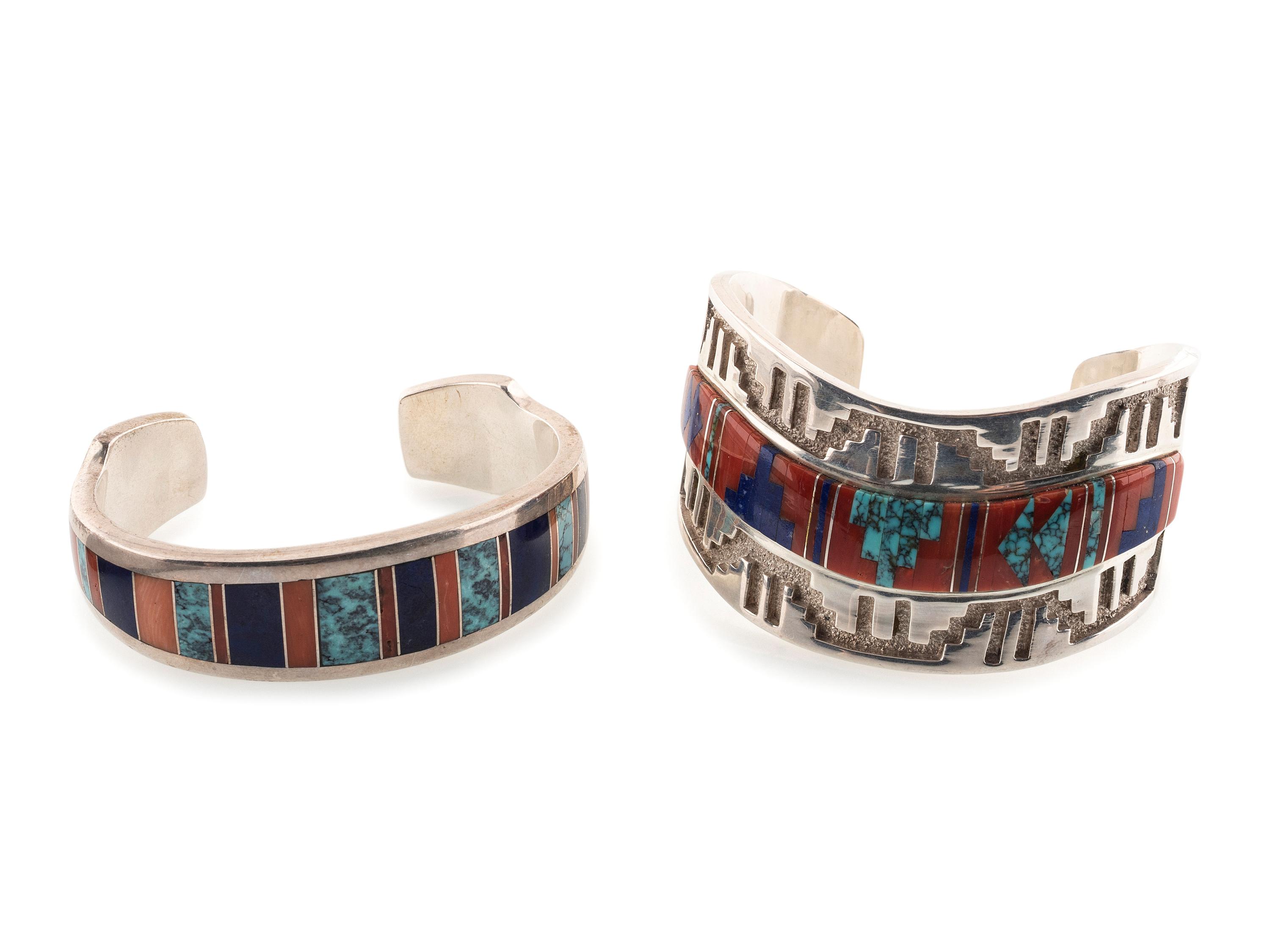 Navajo and Apache Silver and Inlay Cuff Bracelets