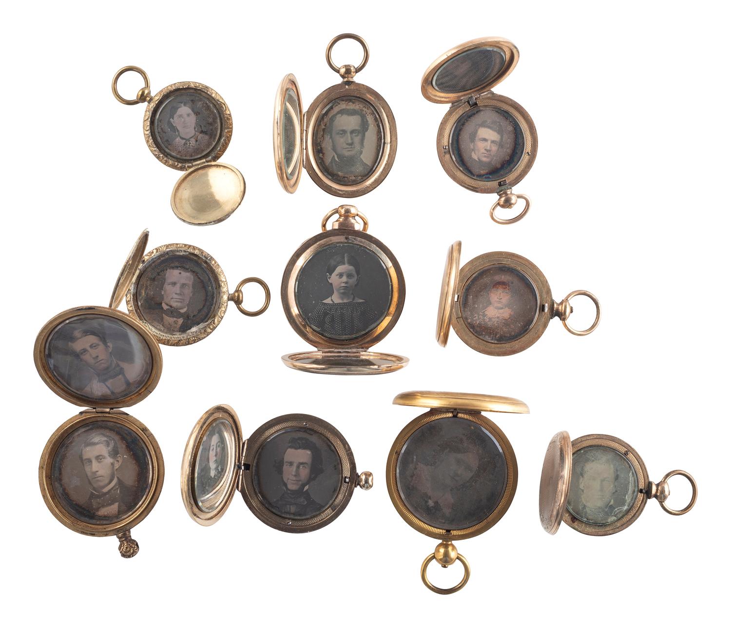 [EARLY PHOTOGRAPHY]. A group of 10 lockets containing 14 daguerreotypes of children and young men and women.