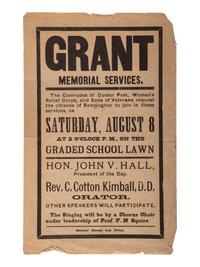 [CIVIL WAR -- VETERANS]. Grant Memorial Services . Bennington [VT?], 8 August [1885]. [ With :] Pamphlet regarding Civil War veterans' pensions.