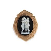 A Victorian Gold and Onyx Cameo Brooch with the Three Graces — The reverse inscribed 'Luigi Rosi Roma Piazza De Spagna 86'
