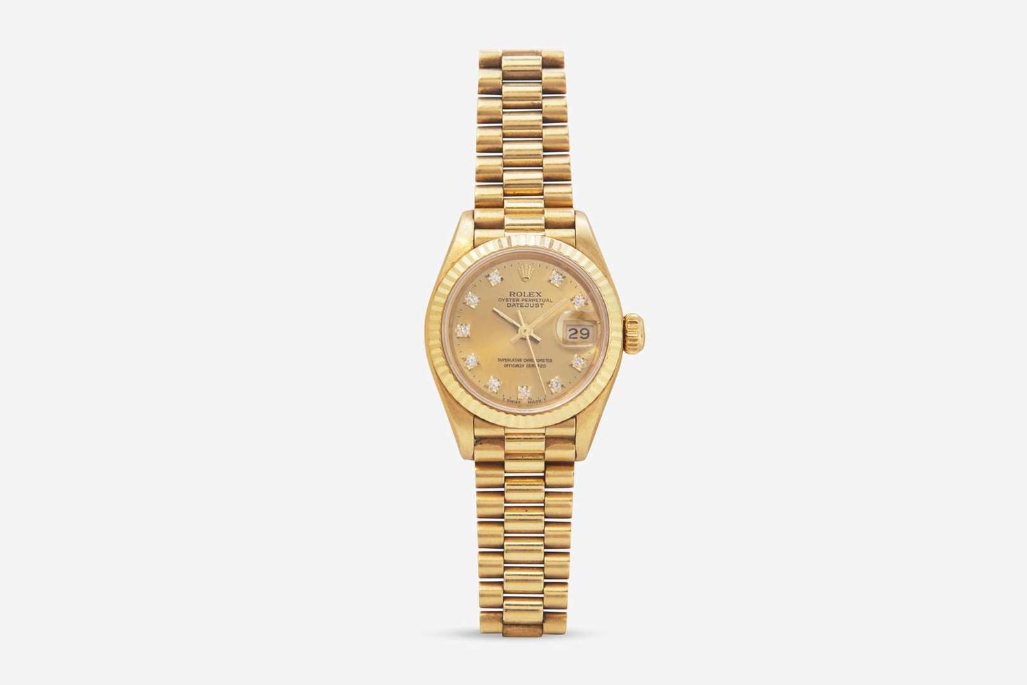 A Ladies 18K Yellow Gold Rolex Oyster Perpetual Datejust Presidential with Diamond Markers