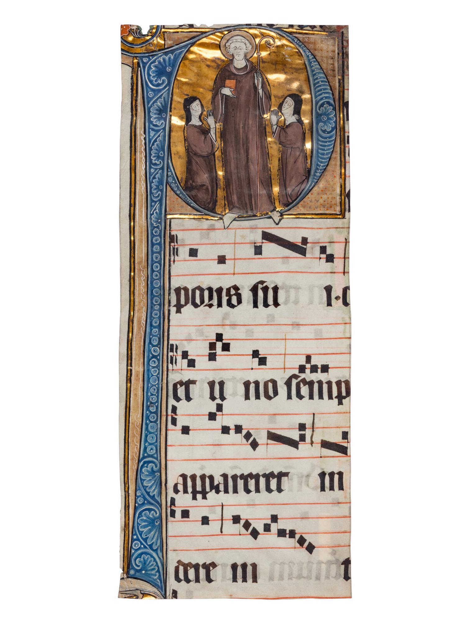 JOHANNES DE TOUSSENS (active Nord-Pas-de-Calais, 1277–1290) Illuminated cutting of initial ‘P’ with Saint Bernard and two nuns from the Beaupré Antiphonals (Prioress’s Set), in Latin, illuminated manuscript on parchment [Cambrai, Abbey of Sainte-Marie at Beaupré, 1289–90]