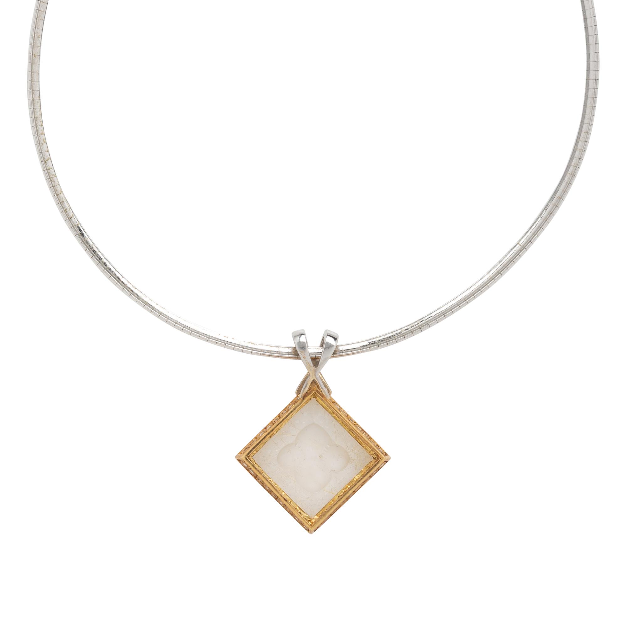 Rutilated Quartz, Diamond, and Bicolor Gold Pendant Necklace