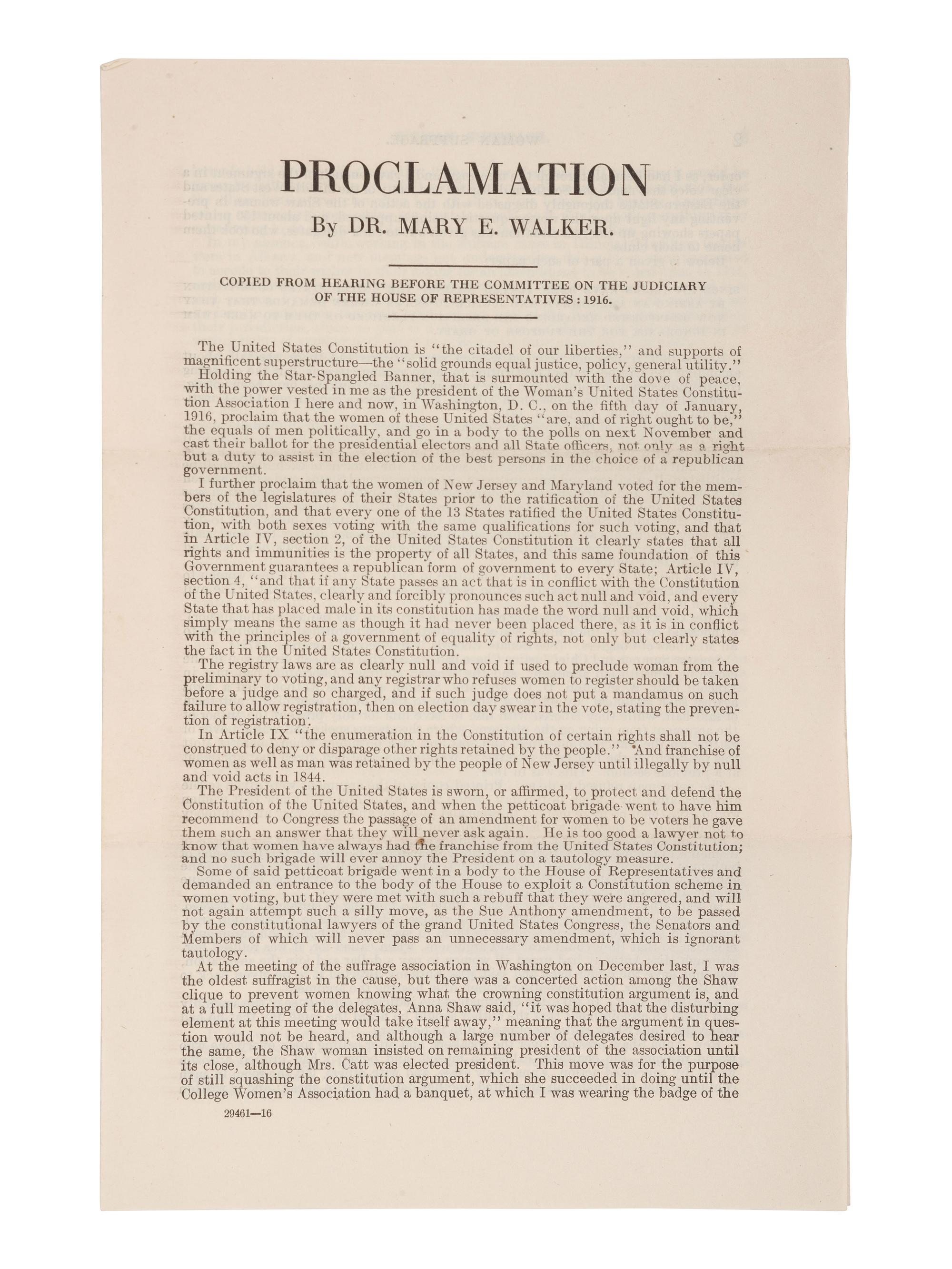 WALKER, Dr. Mary E. (1832-1919). Autograph card signed and her "Proclamation" advocating suffrage.