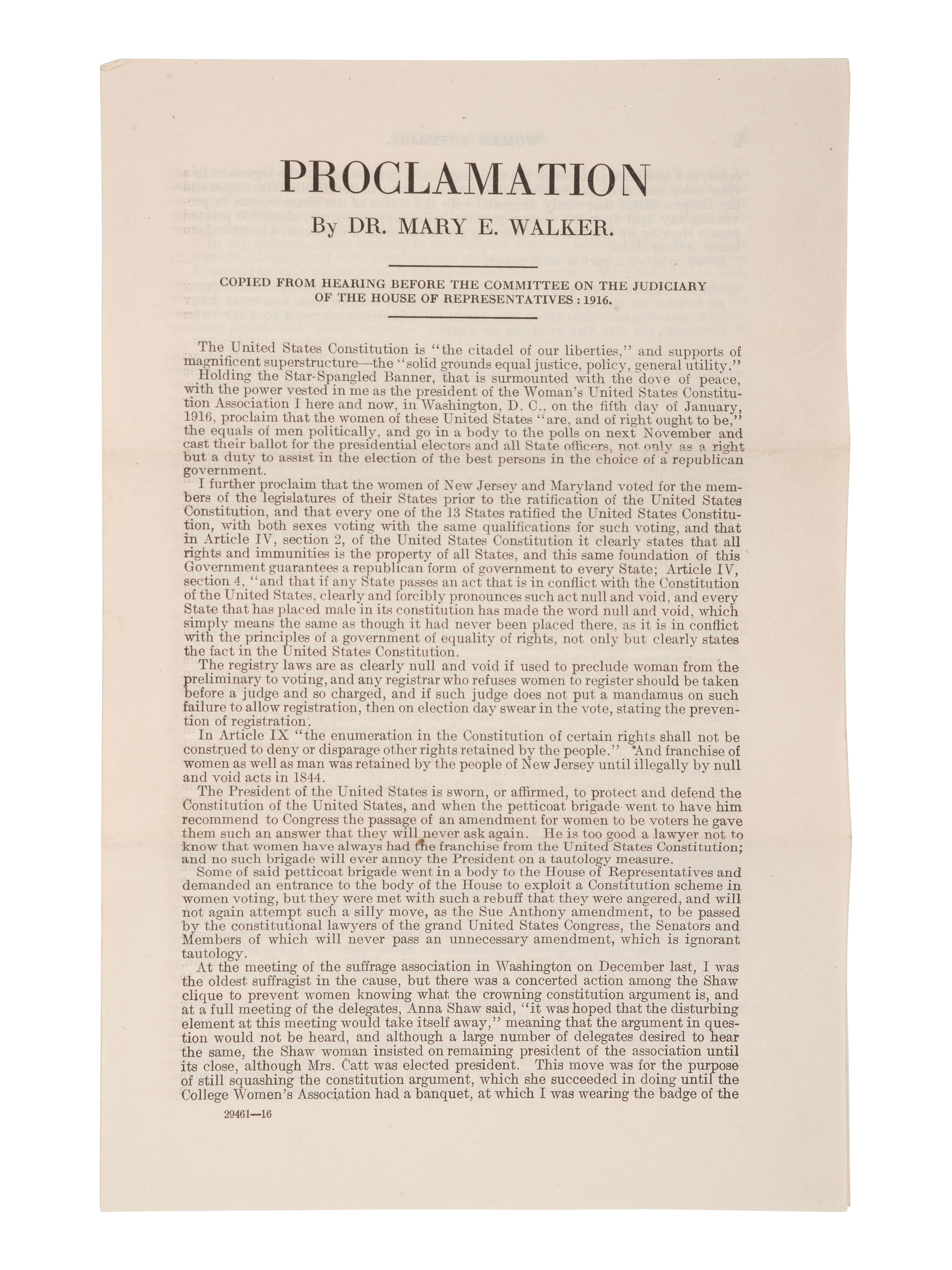 WALKER, Dr. Mary E. (1832-1919). Autograph card signed and her "Proclamation" advocating suffrage.
