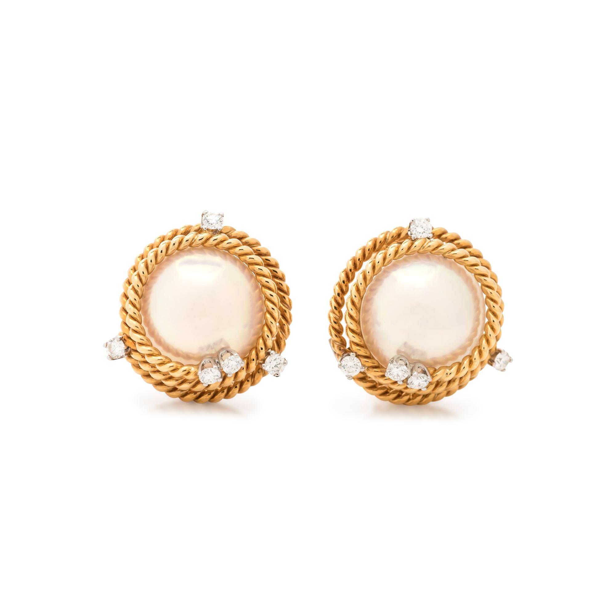 TIFFANY & CO., SCHLUMBERGER, MABE PEARL AND DIAMOND EARCLIPS