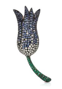 An 18 Karat Gold, Diamond, Sapphire and Tsavorite Garnet Brooch, 19.00 dwts.
