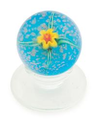 A Charles Kaziun Jr. Y ellow Spider Lily on Blue Aventurine Ground Miniature Tilted Pedestal Glass Paperweight