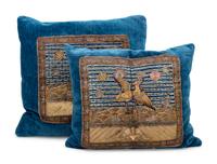 A Pair of Chinese Embroidered Rank Badgets Set on Down-Filled Pillows