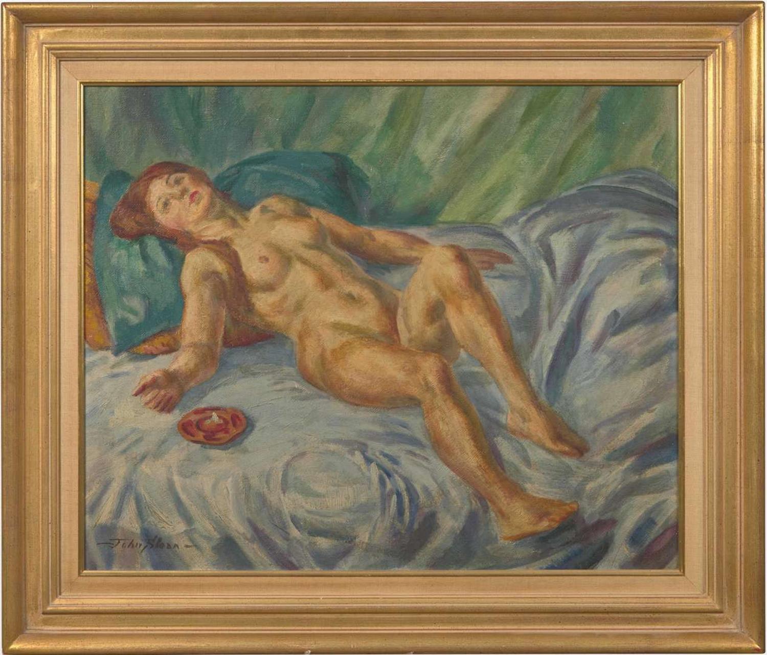 John Sloan (American, 1871-1951) - Nude, Blue Swirl Couch and Ashtray