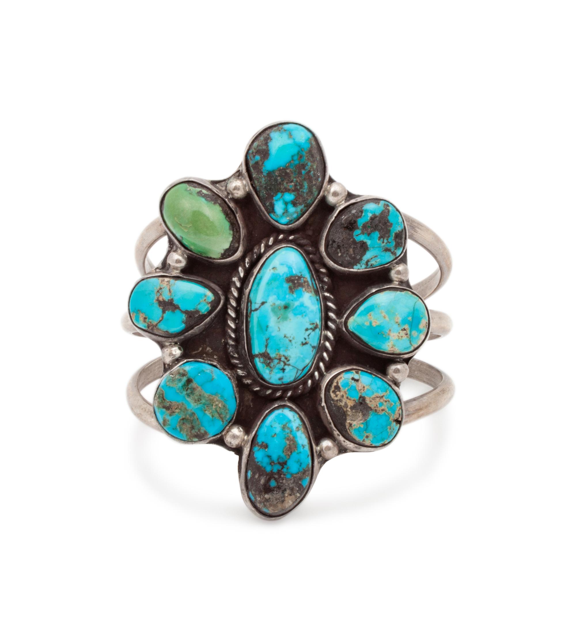 Navajo Silver and Turquoise Cluster Cuff Bracelet