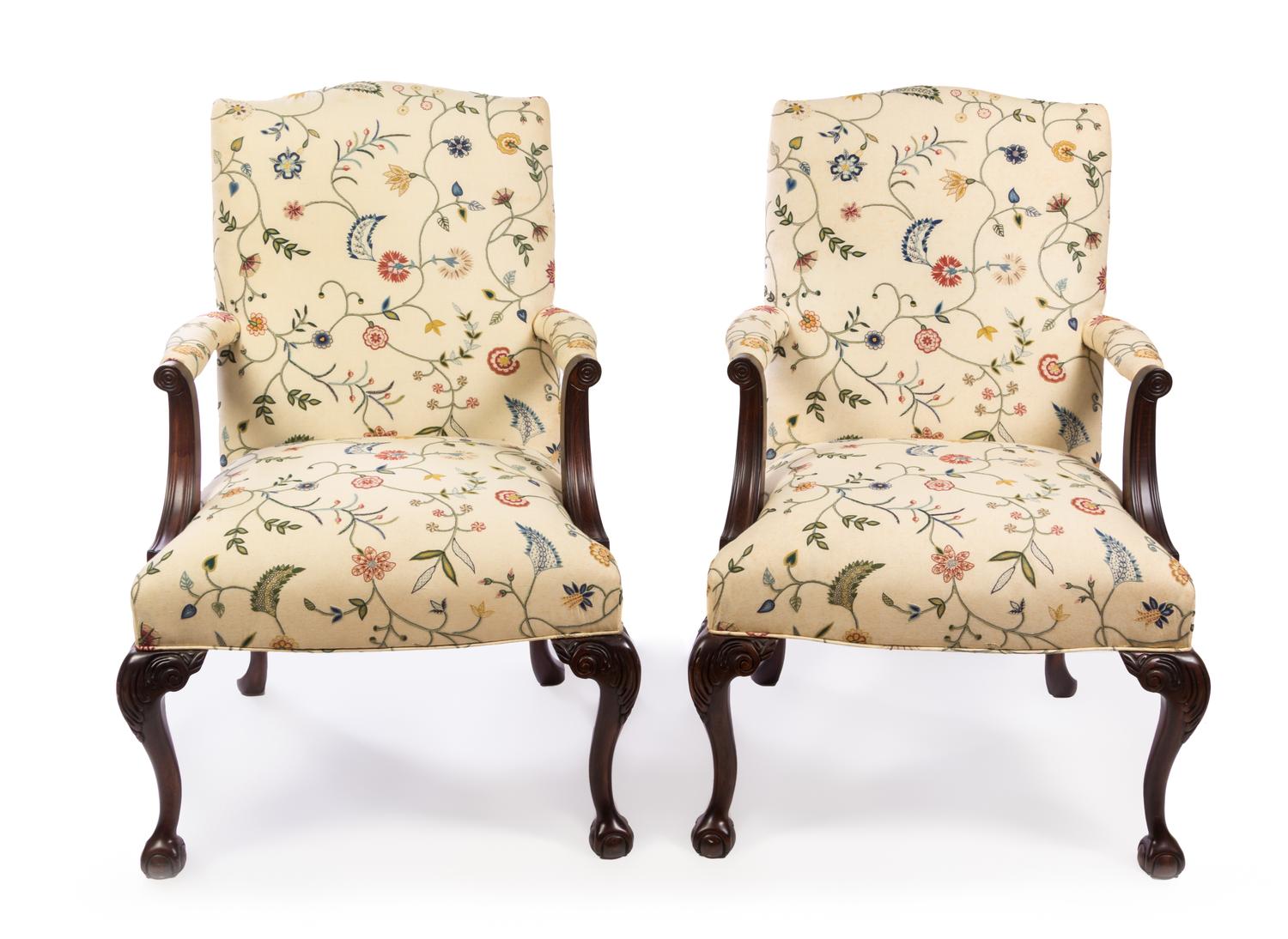 A Pair of Chippendale Style Crewel Upholstered Library Chairs Height 40 1/2 inches. — EDWARD FERRELL LTD., 20TH CENTURY