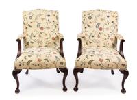 A Pair of Chippendale Style Crewel Upholstered Library Chairs Height 40 1/2 inches. — EDWARD FERRELL LTD., 20TH CENTURY
