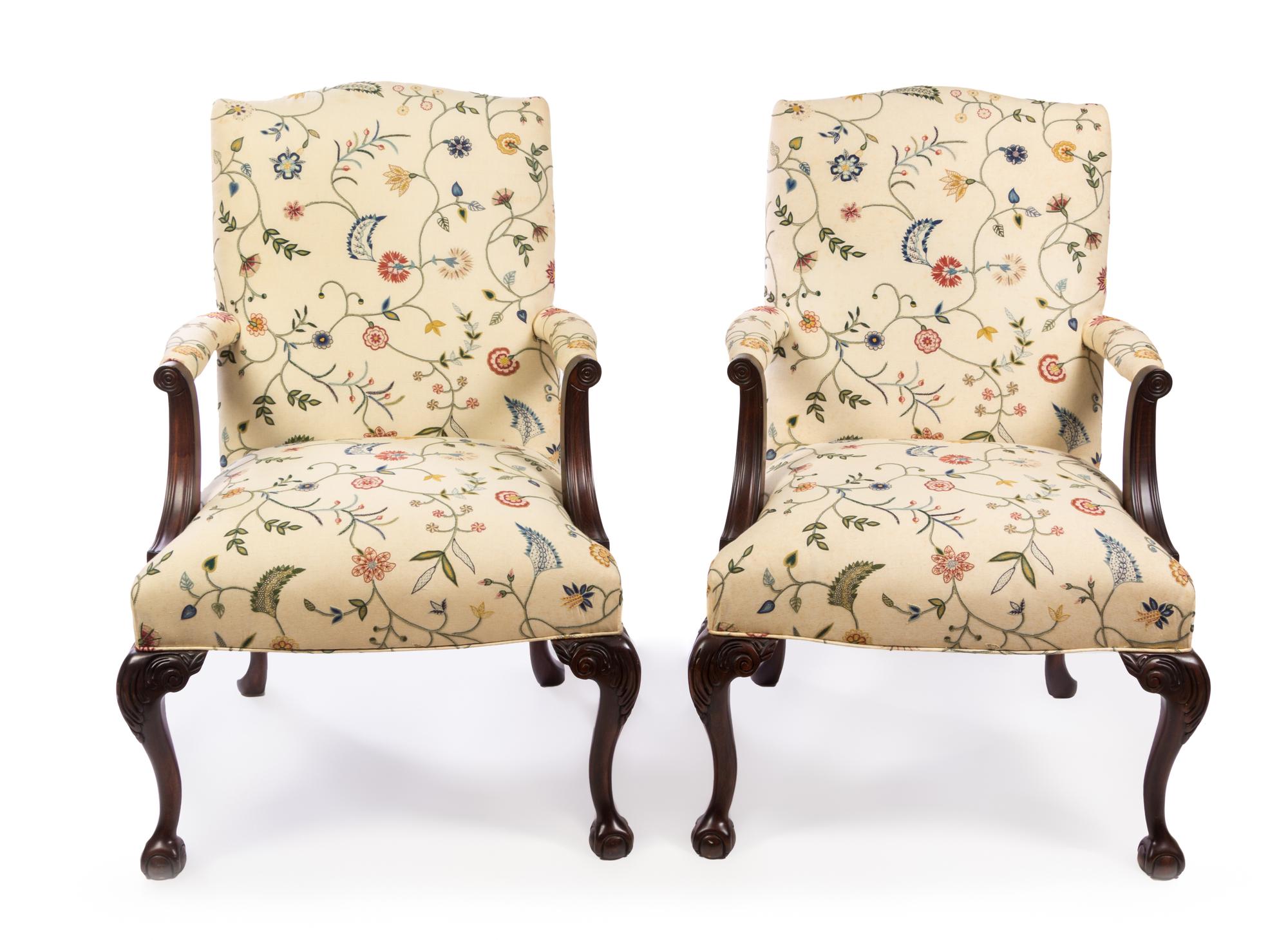A Pair of Chippendale Style Crewel Upholstered Library Chairs Height 40 1/2 inches. — EDWARD FERRELL LTD., 20TH CENTURY