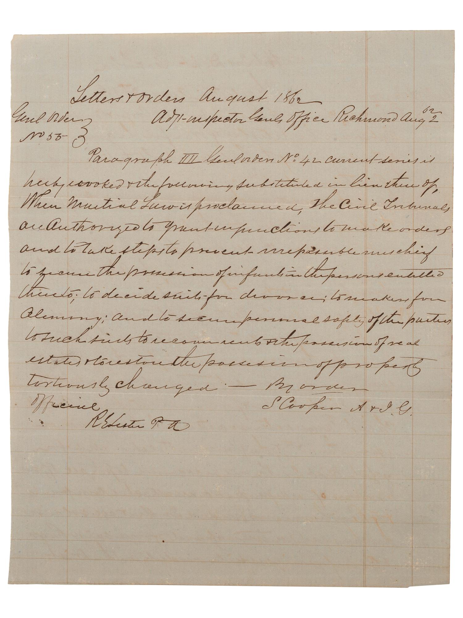 [CIVIL WAR]. COOPER, Samuel (1798-1876). Confederate General Orders signed by General Samuel Cooper.