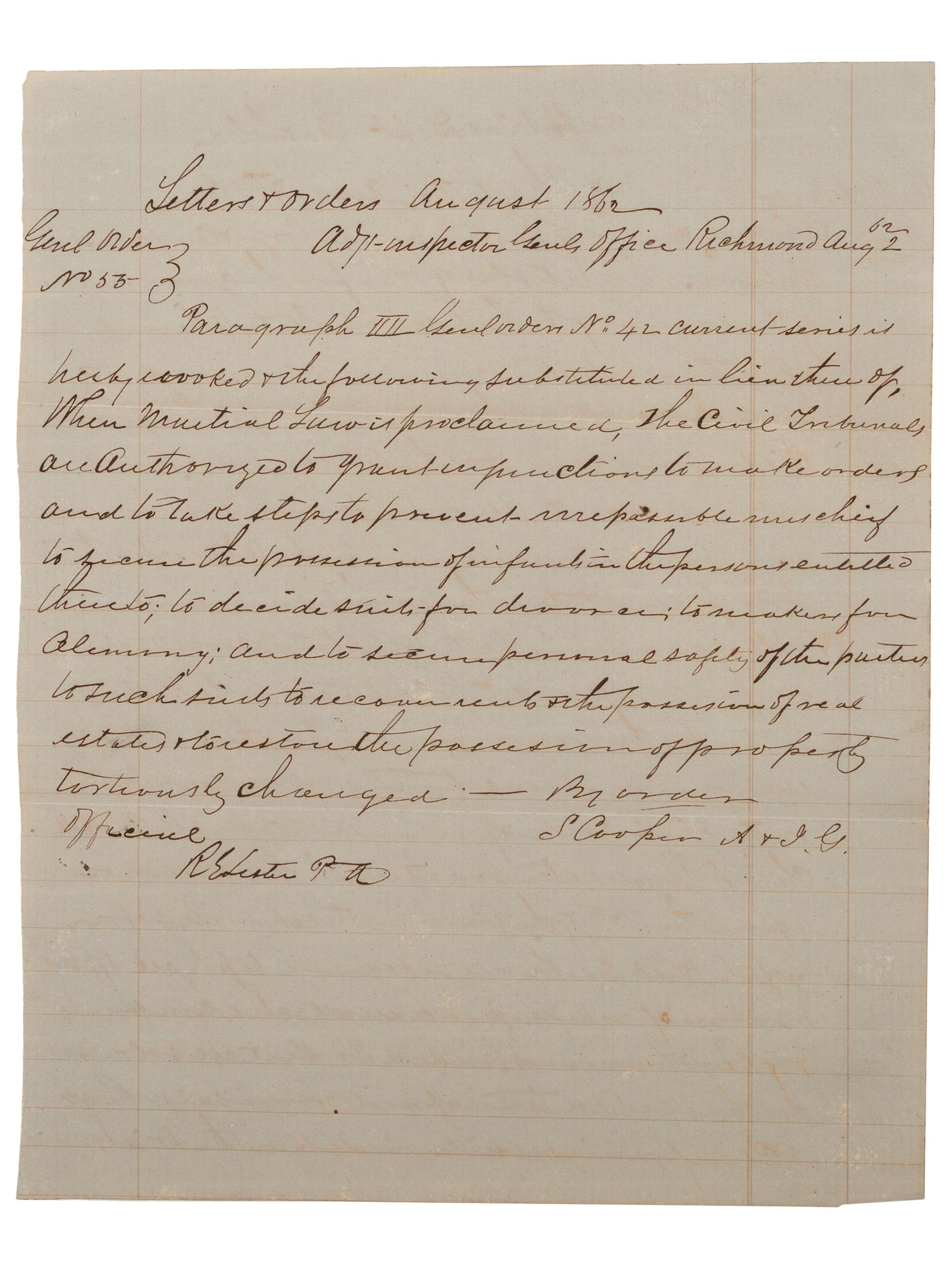 [CIVIL WAR]. COOPER, Samuel (1798-1876). Confederate General Orders signed by General Samuel Cooper.