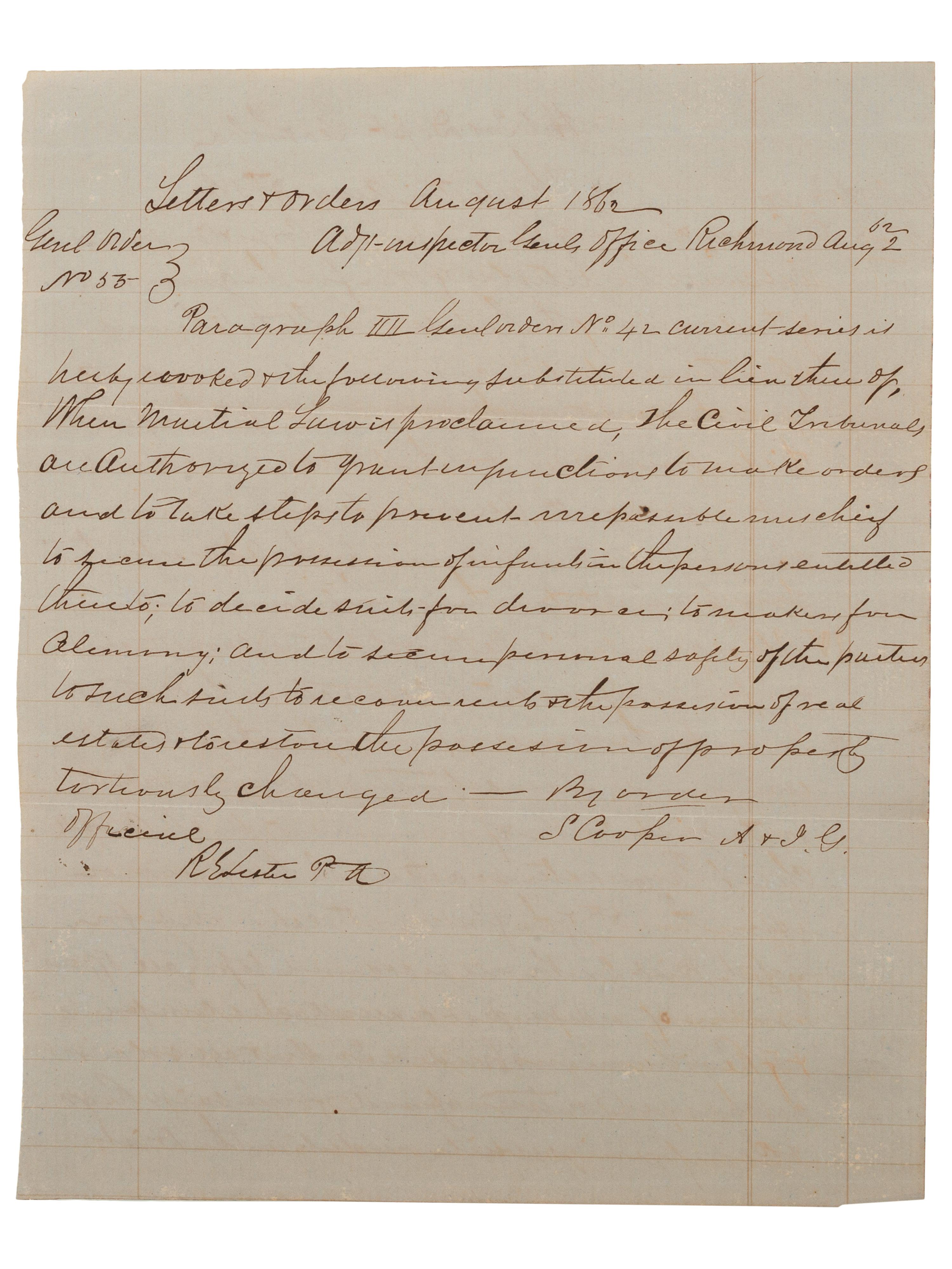 [CIVIL WAR]. COOPER, Samuel (1798-1876). Confederate General Orders signed by General Samuel Cooper.