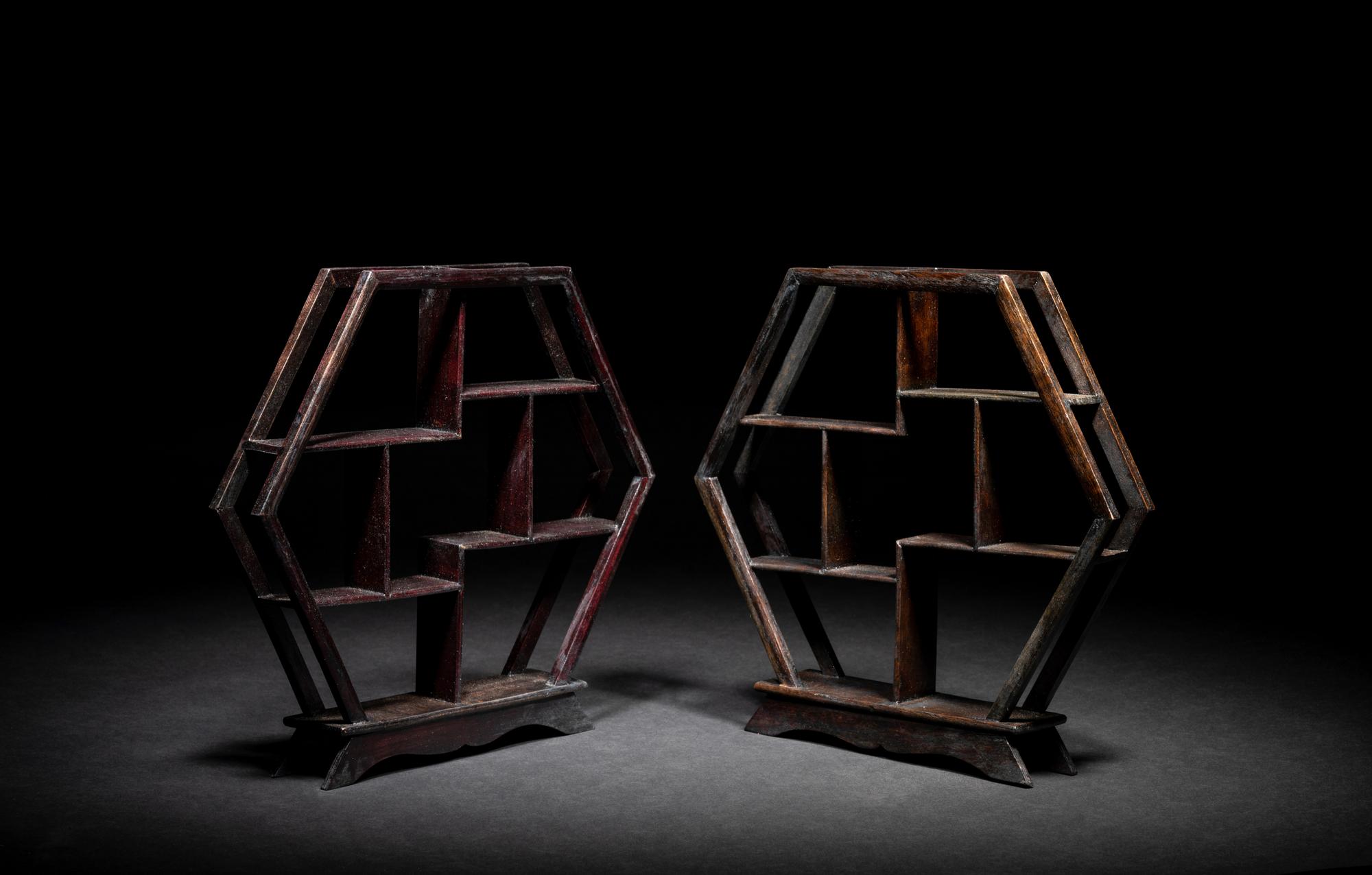 A Small Pair of Chinese Hardwood Displaying Shelves