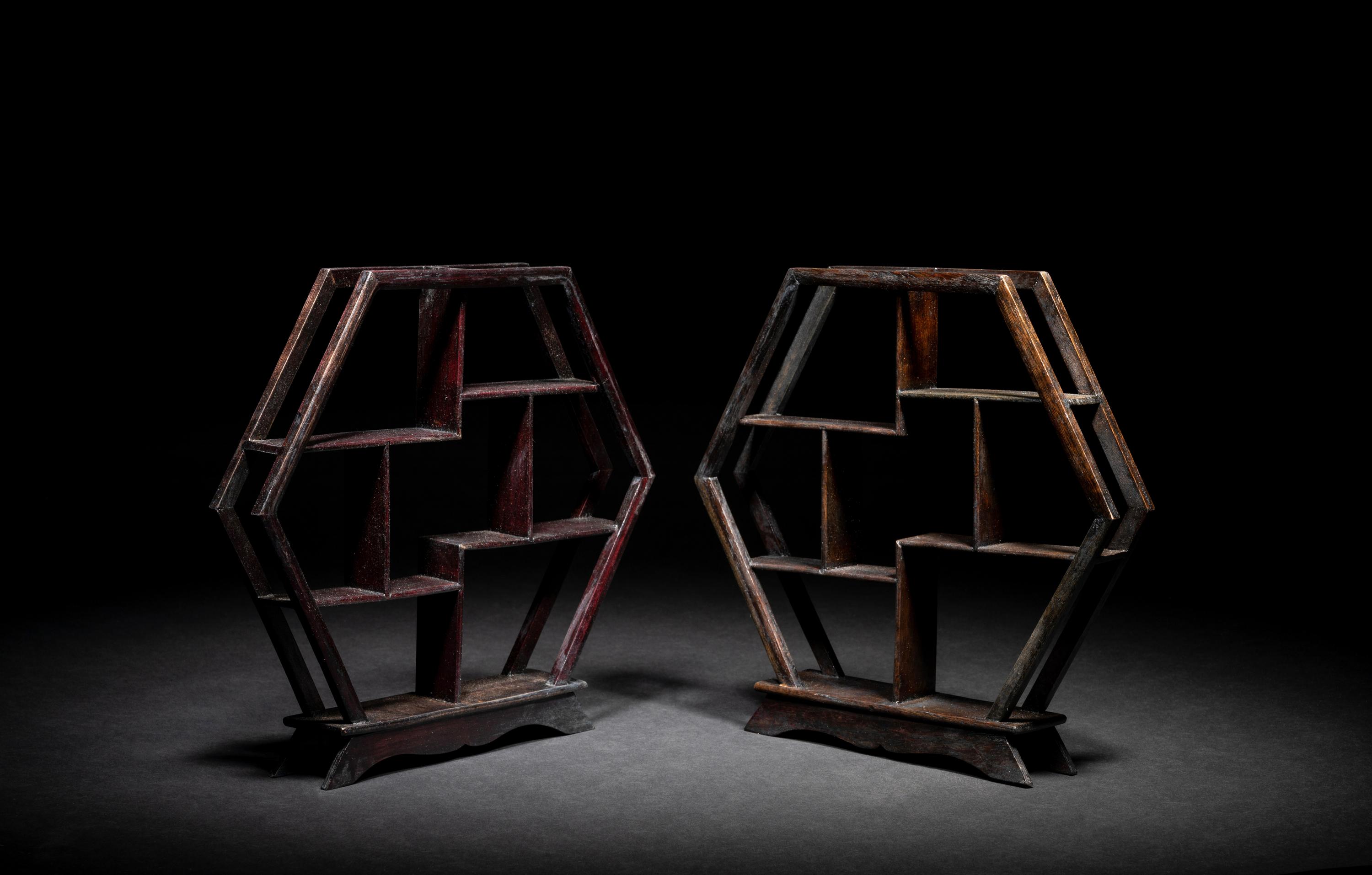A Small Pair of Chinese Hardwood Displaying Shelves