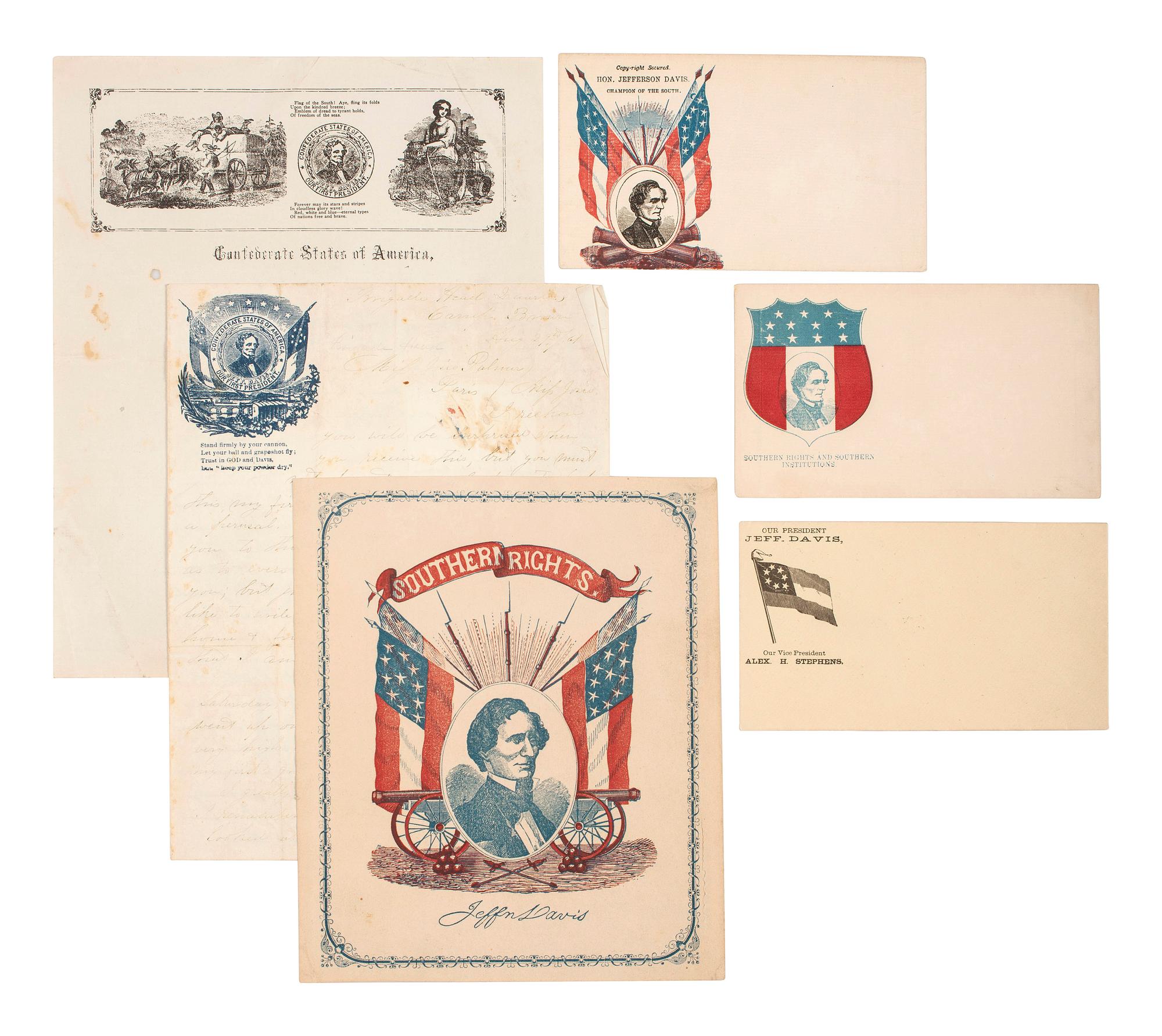 [CIVIL WAR] -- [DAVIS, Jefferson (1808-1889)]. A group of lettersheets, covers, and handbill featuring Confederate symbolism and portraits of Davis, comprising: