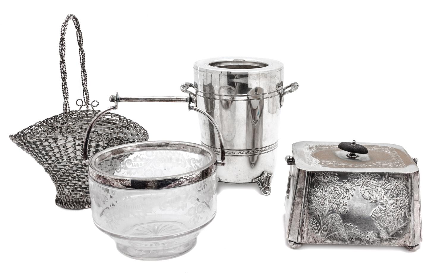 A Group of Four Silver Plated Articles, , comprising 1 etched crystal silver mounted bowl with pierced cover, 1 James Shaw and Fisher b