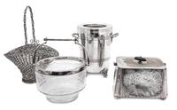 A Group of Four Silver Plated Articles, , comprising 1 etched crystal silver mounted bowl with pierced cover, 1 James Shaw and Fisher b