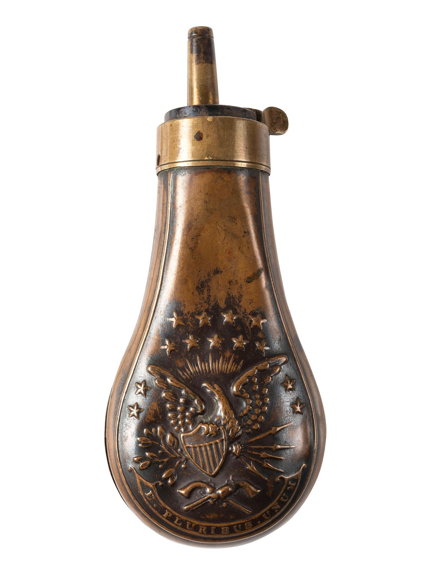 [CIVIL WAR]. Pistol powder flask with patriotic motif.