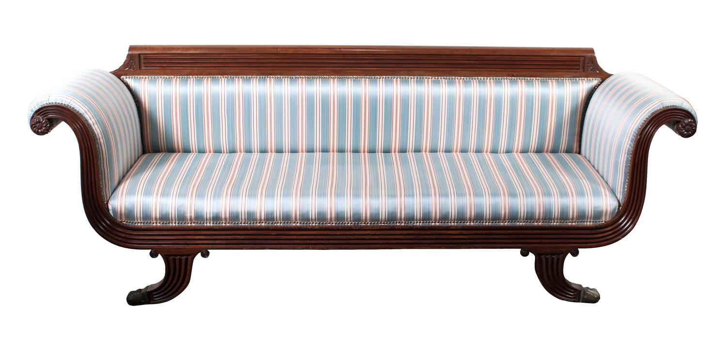A Duncan Phyfe Style Sofa Height 36 x width 99 x depth 26 inches.